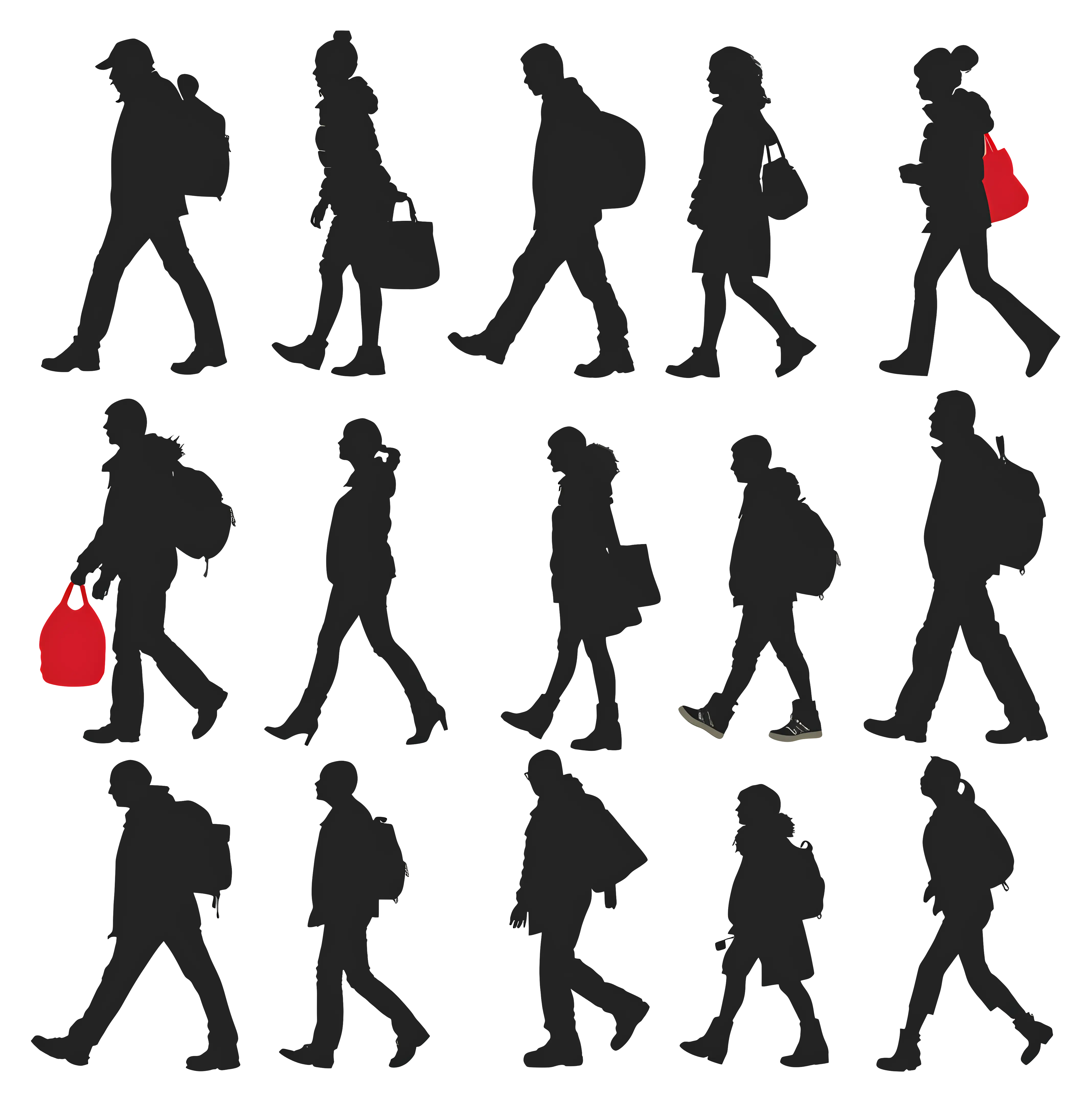 Silhouettes of Walking People with Bags