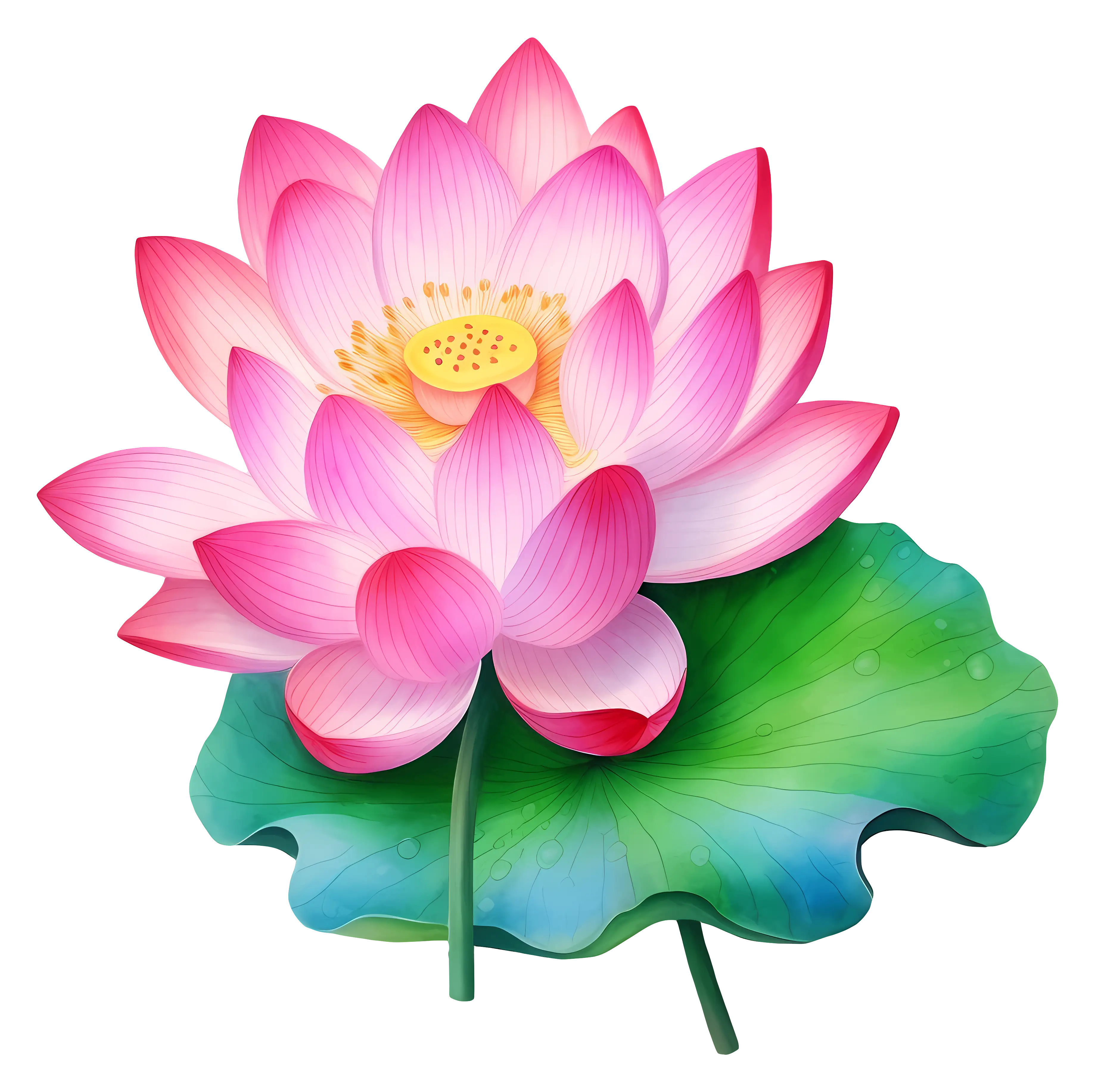 Pink Lotus Flower with Green Aquatic Leaves