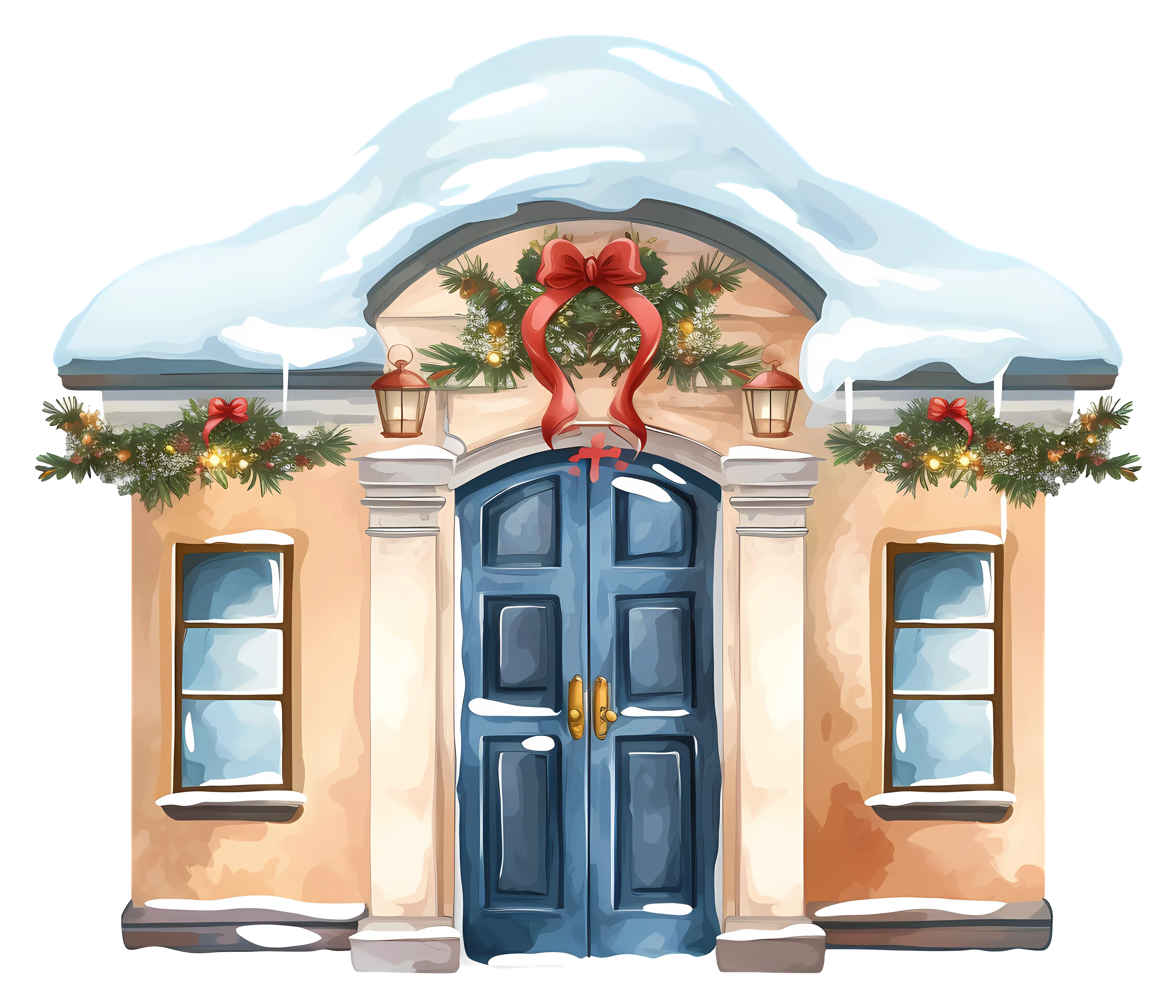 Snowy Holiday House Entrance with Festive Decorations
