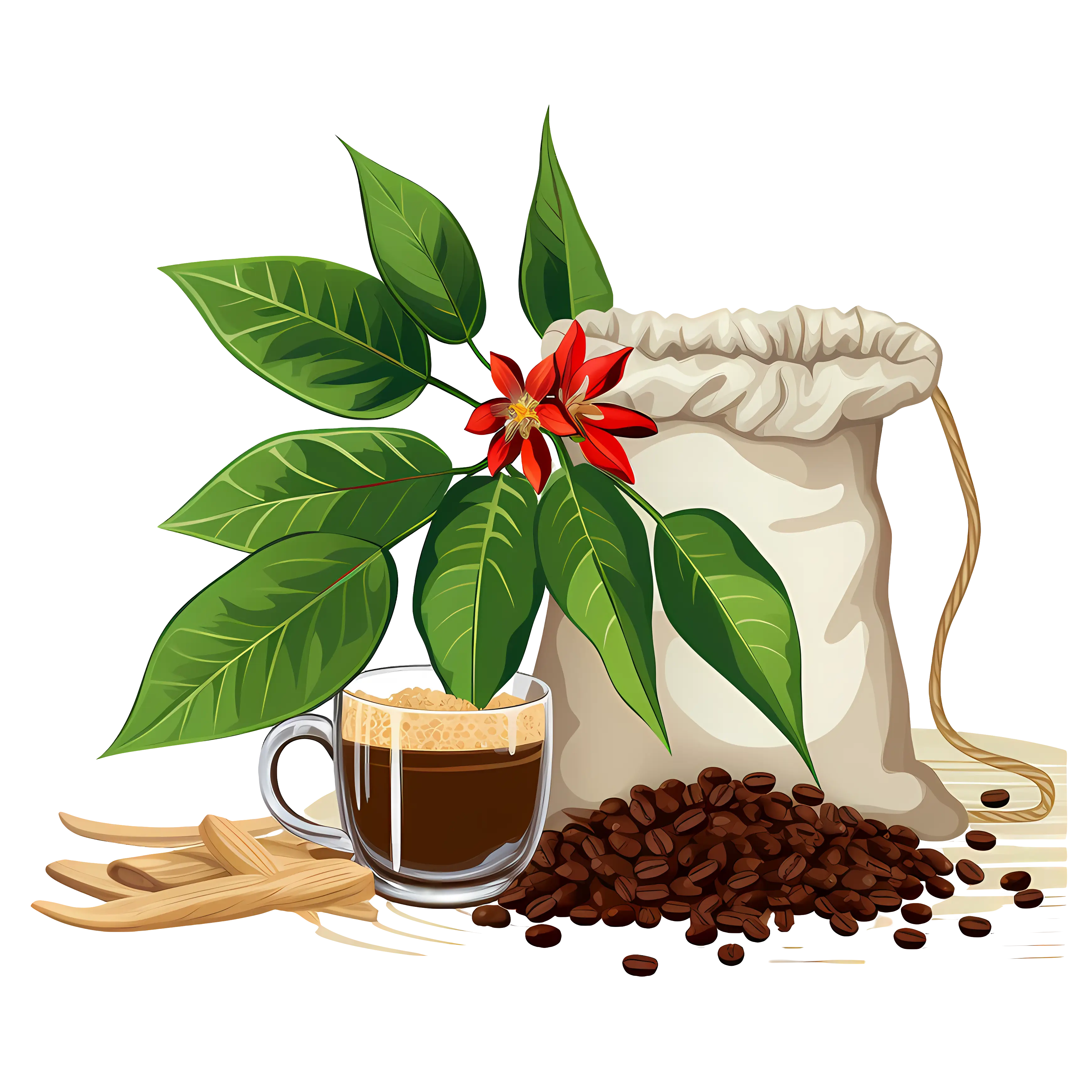 Coffee Cup with Beans and Coffee Plant