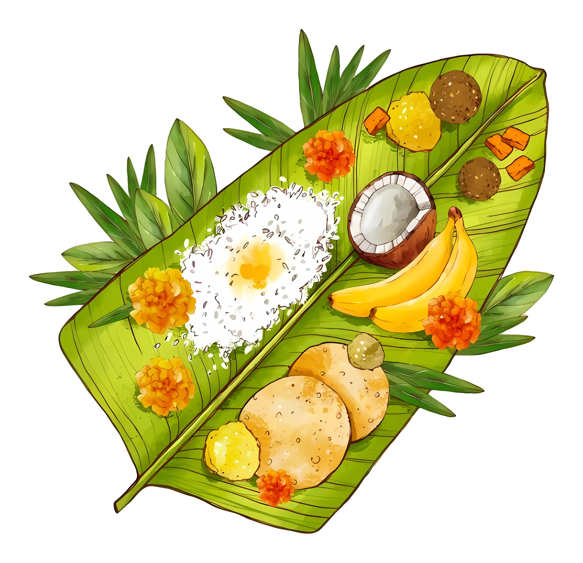 Traditional Banana Leaf Meal Illustration