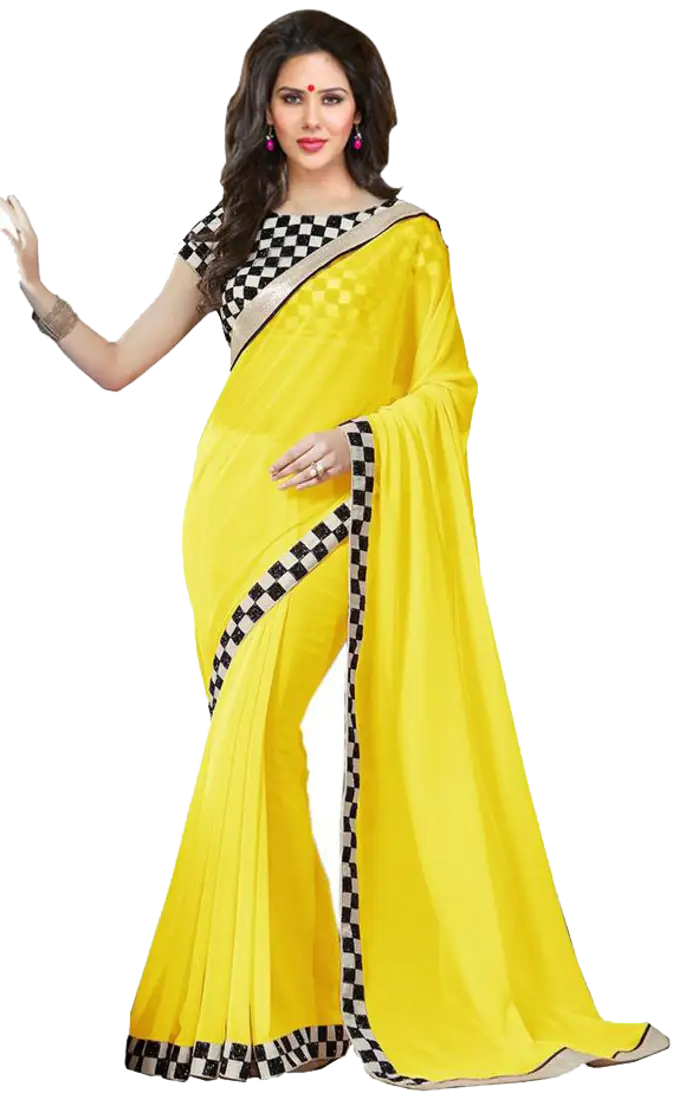 Woman in Yellow Saree with Checkered Border
