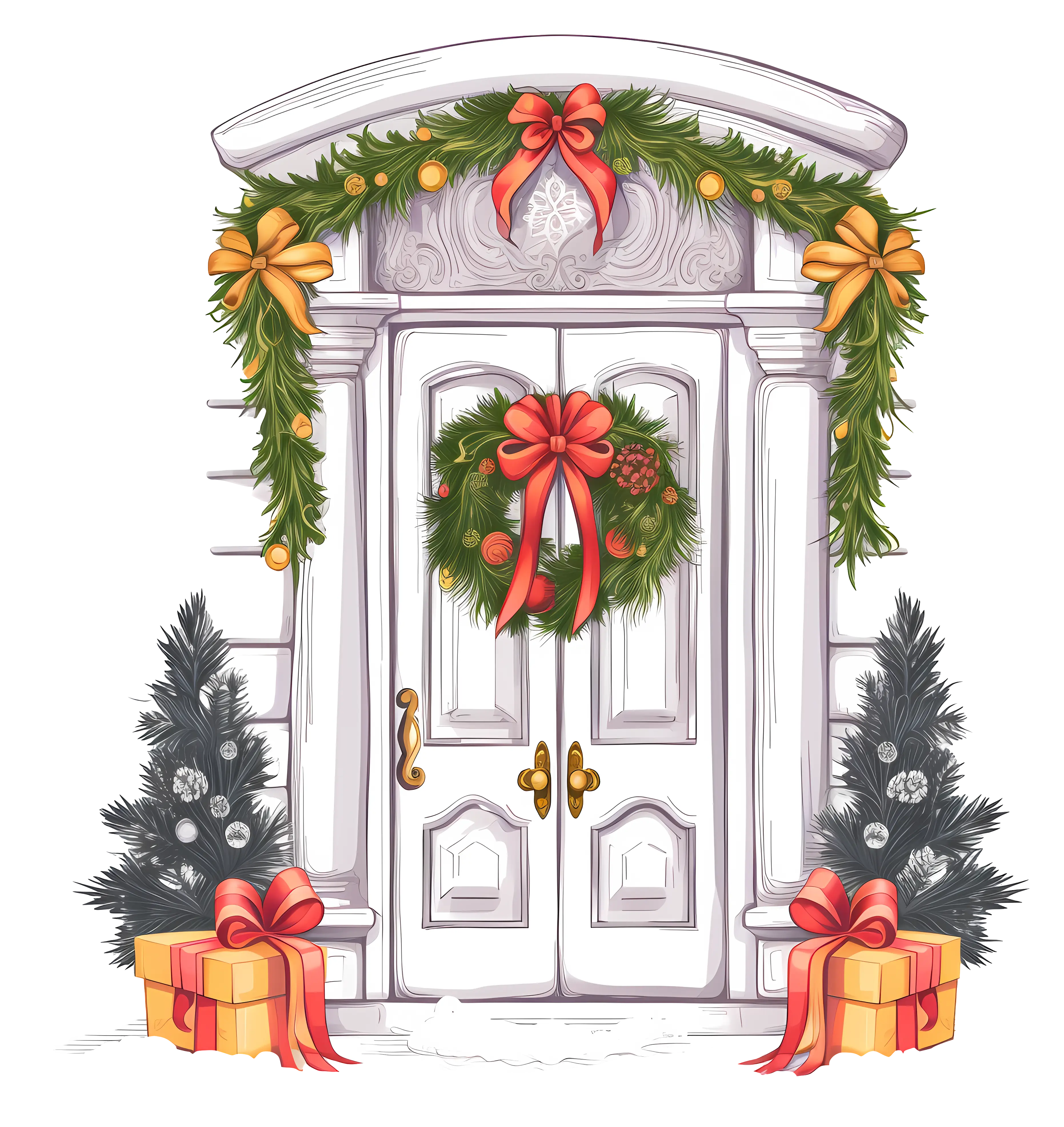 Holiday Door with Wreath and Garland Decorations