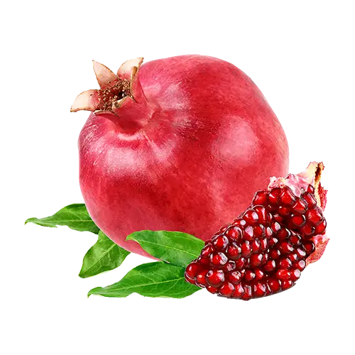 Juicy Red Pomegranate With Seeds and Leaves