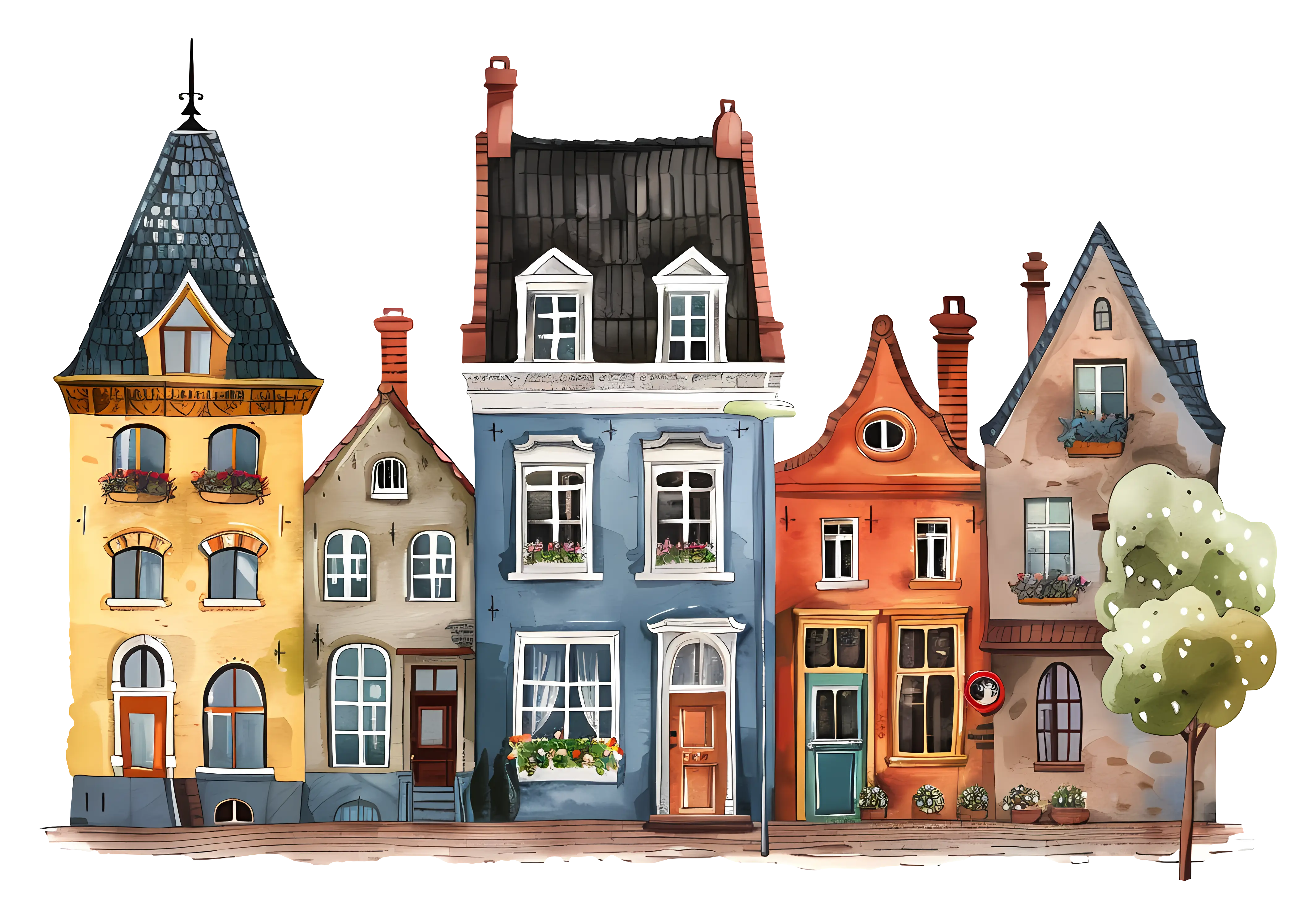 Colorful Townhouses Illustration Art