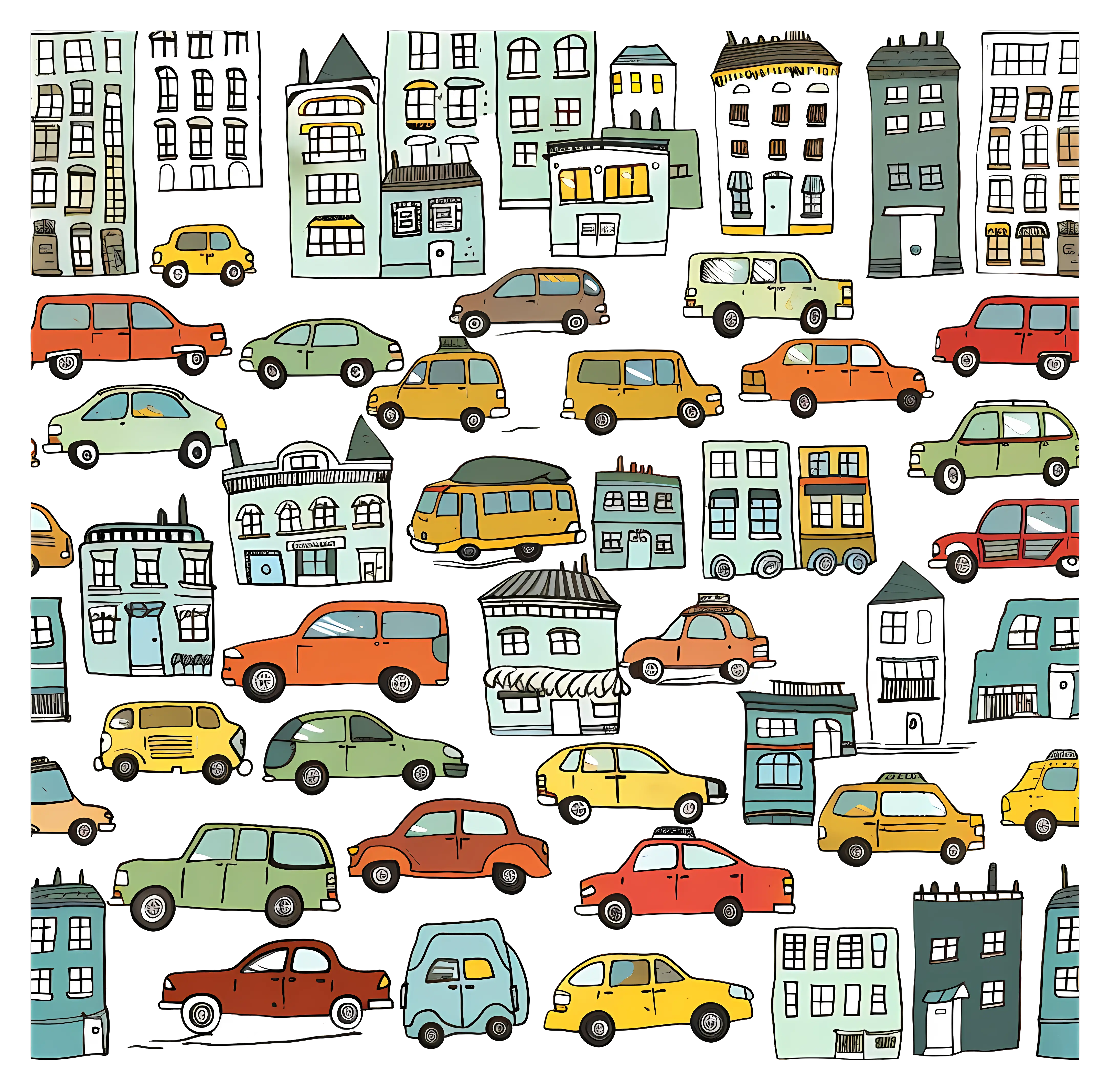 Colorful Cityscape with Cars and Buildings Illustration