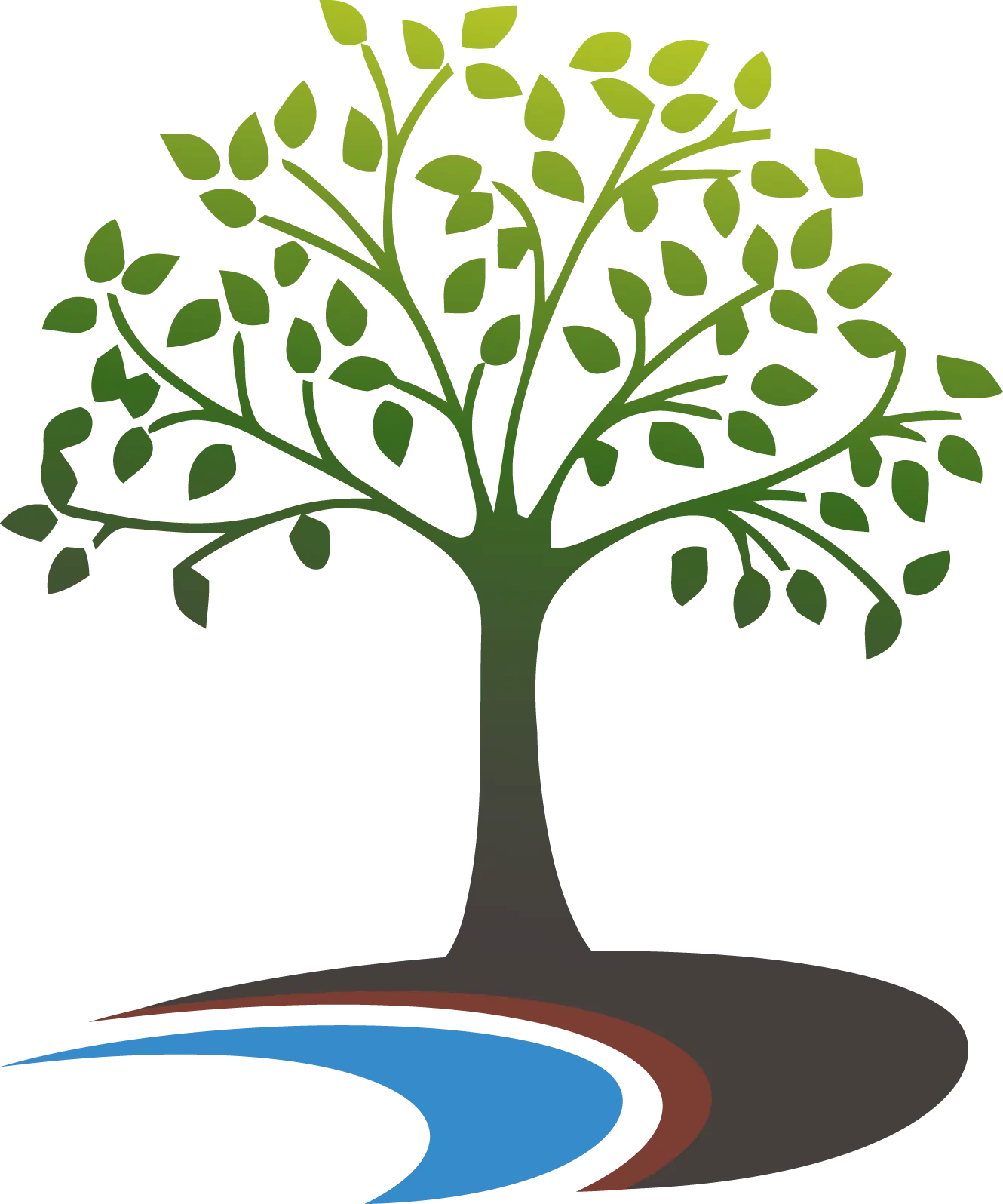 Tree with Green Leaves and a Flowing Abstract River