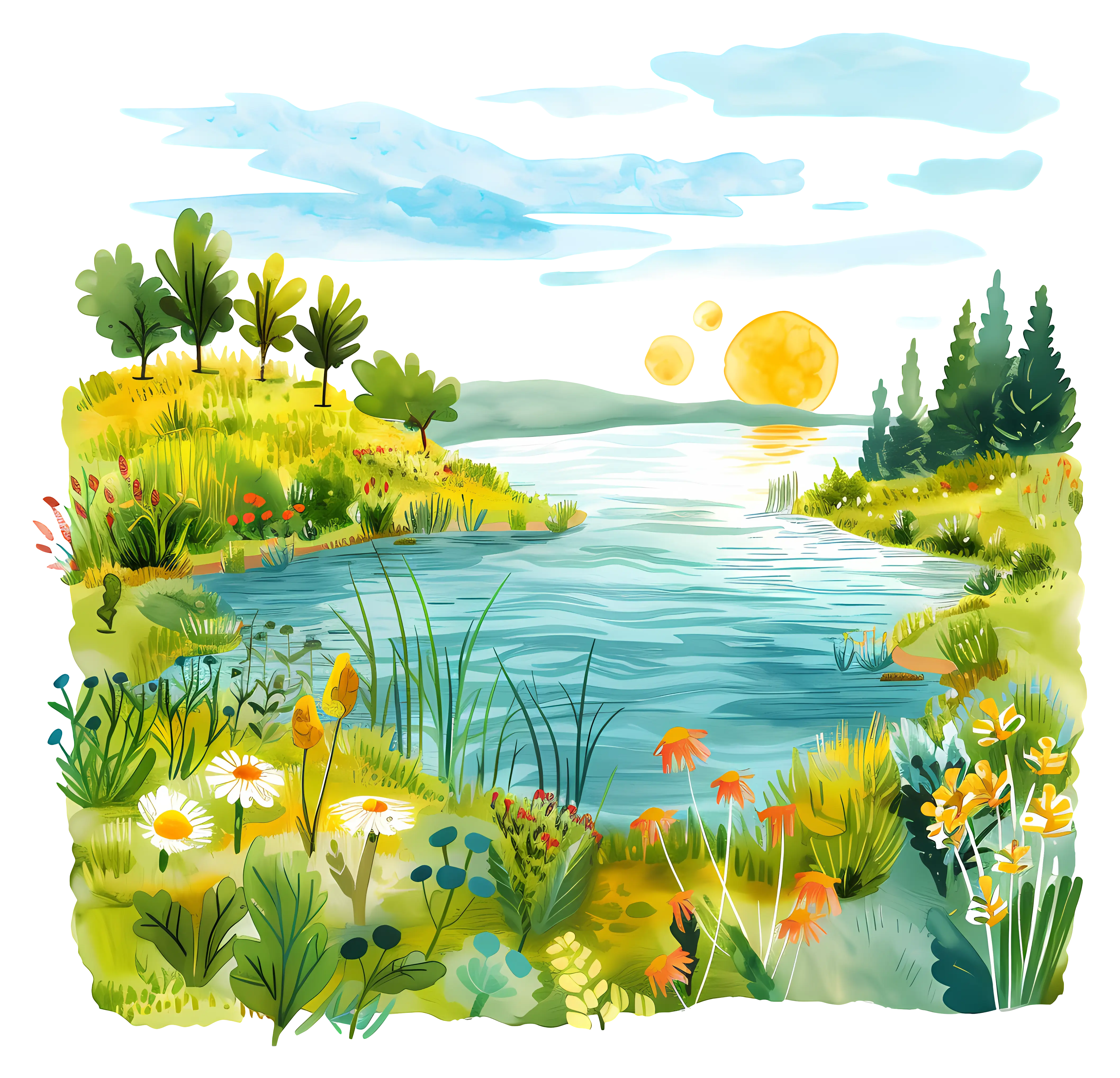 Serene Landscape Illustration with a River and Sun