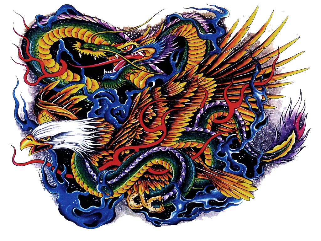 Vibrant Dragon and Eagle Tattoo Design