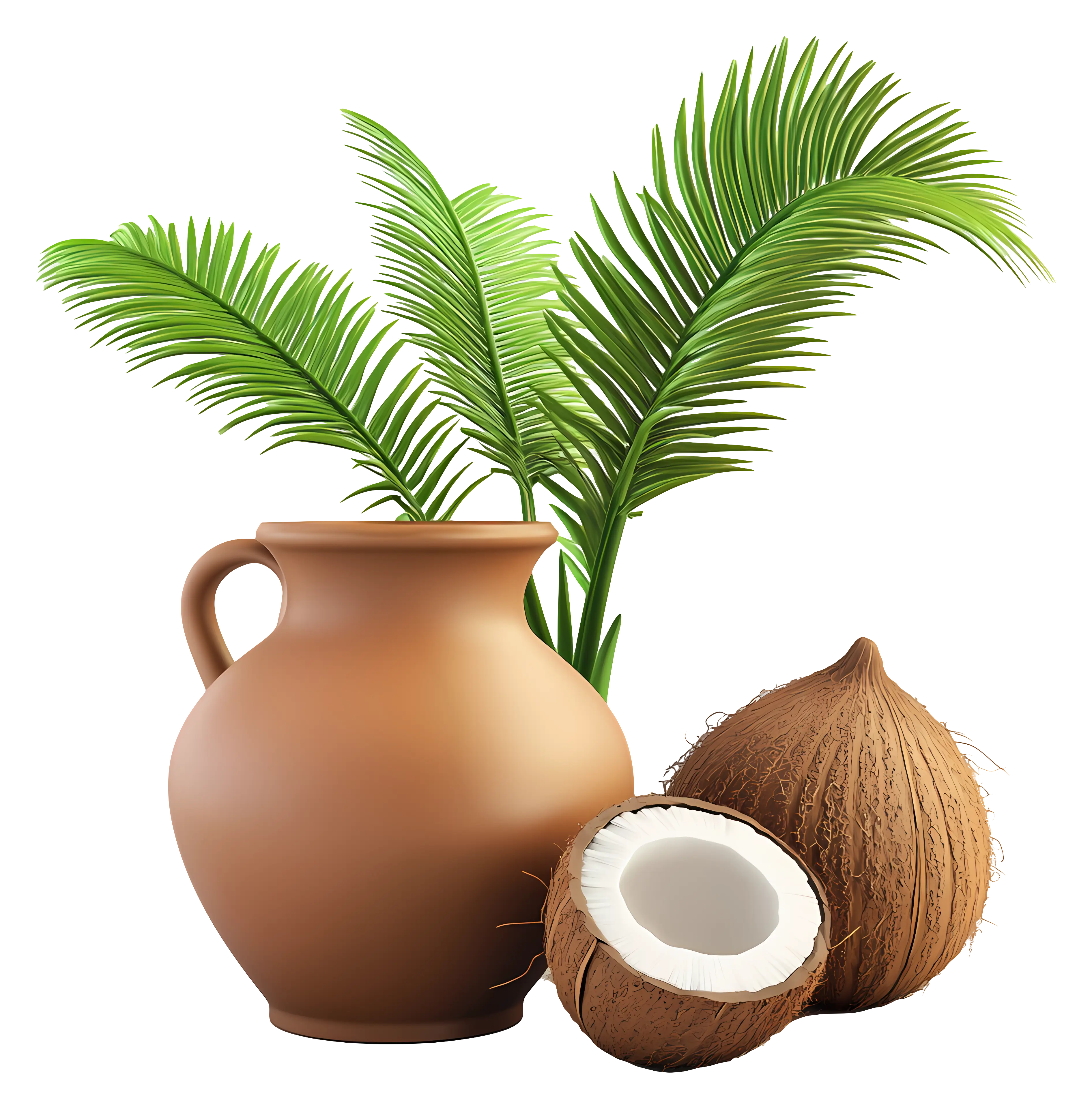 Clay Pot with Coconut and Palm Leaves