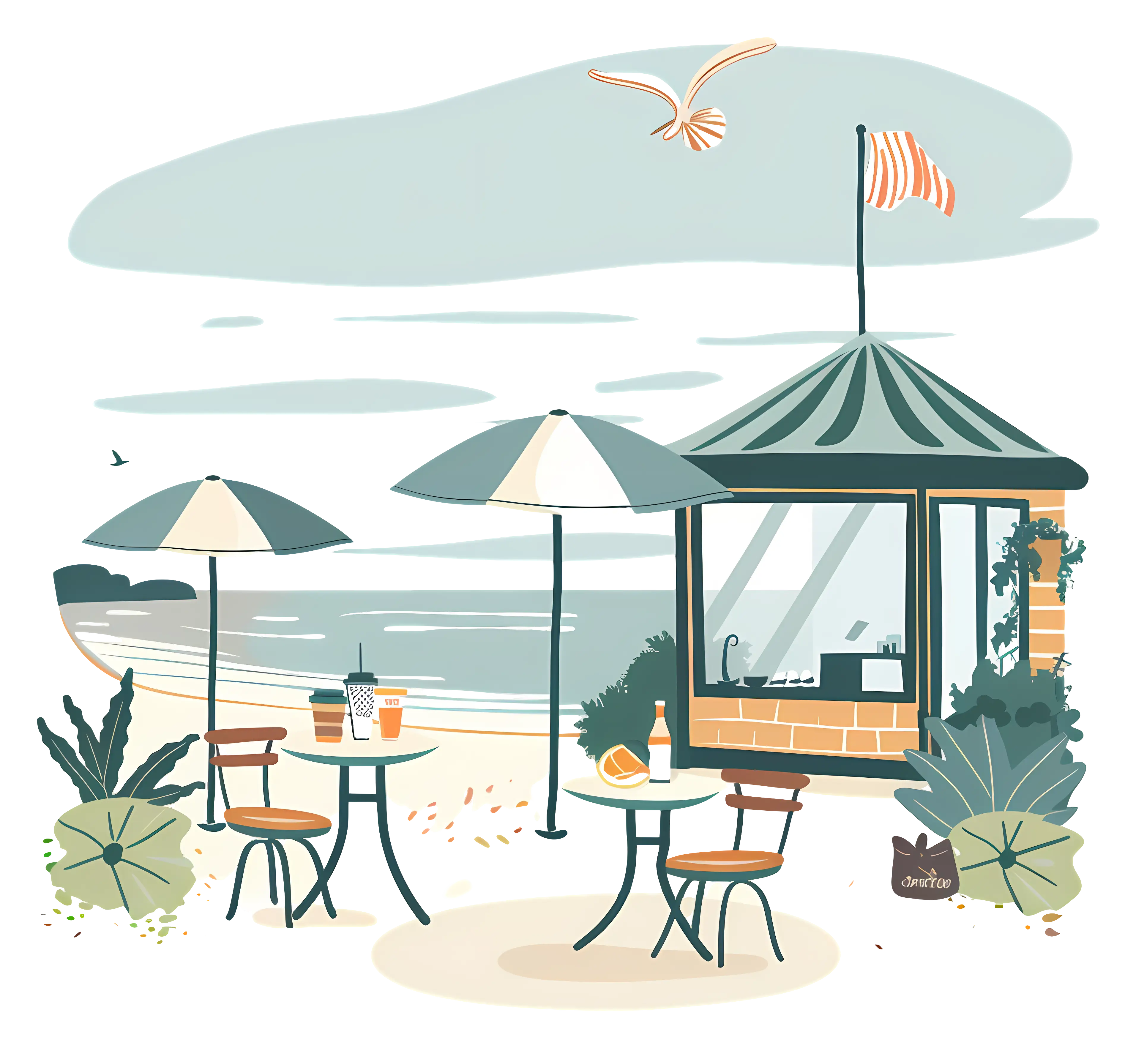 Beachside Cafe with Umbrellas and Chairs
