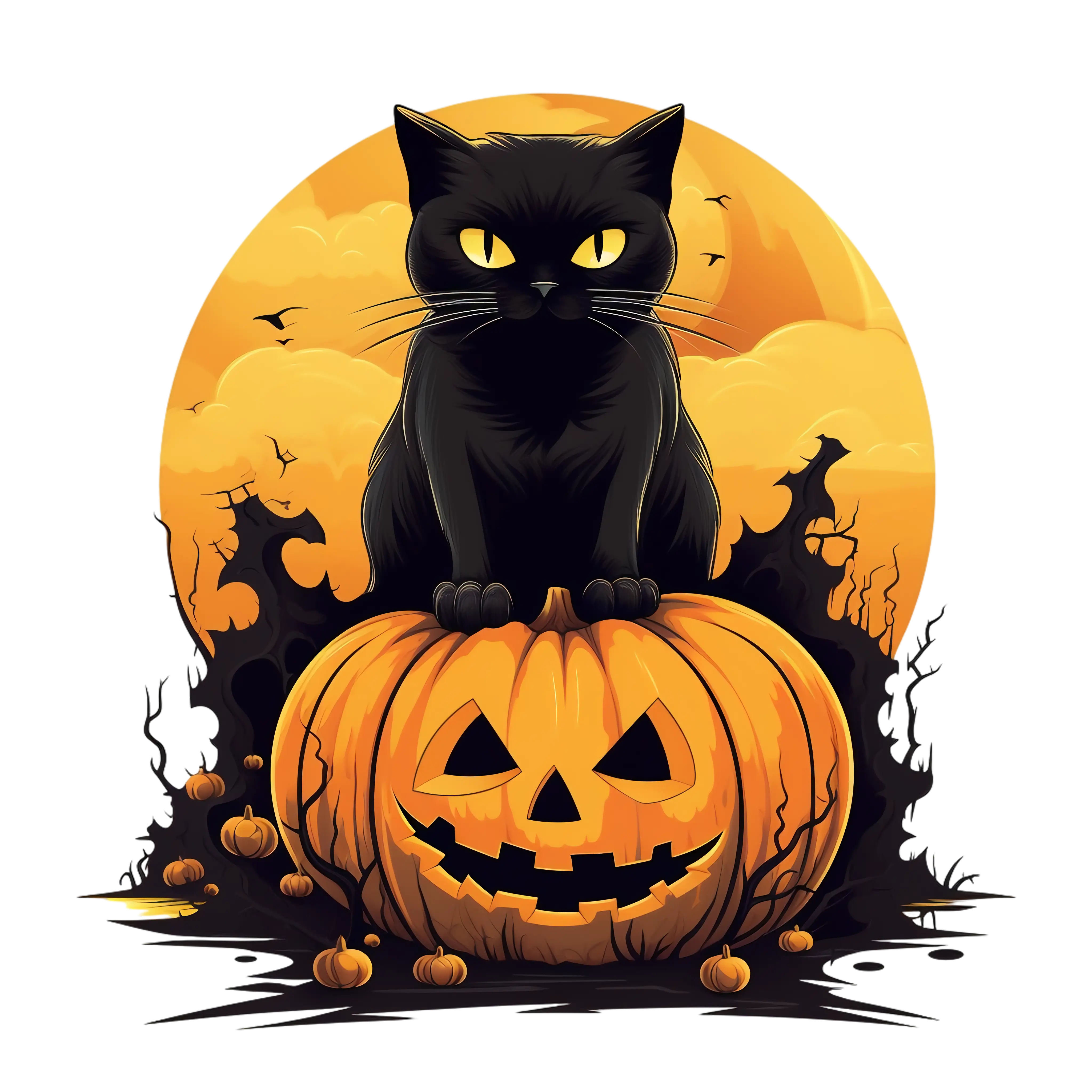 Black Cat Sitting on Jack-o&#039;-lantern with Halloween Moon