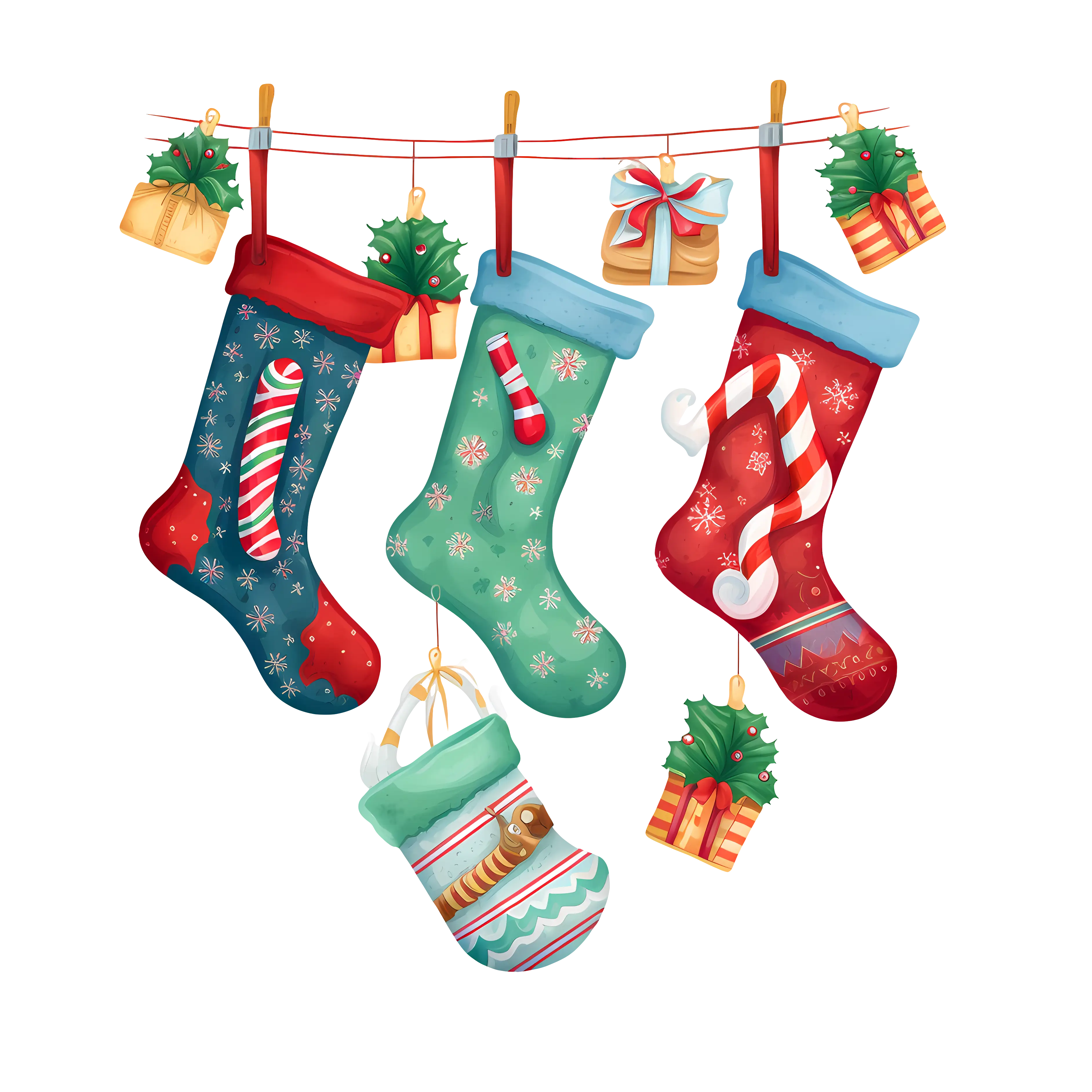 Christmas Stockings Stuffed with Gifts and Decor