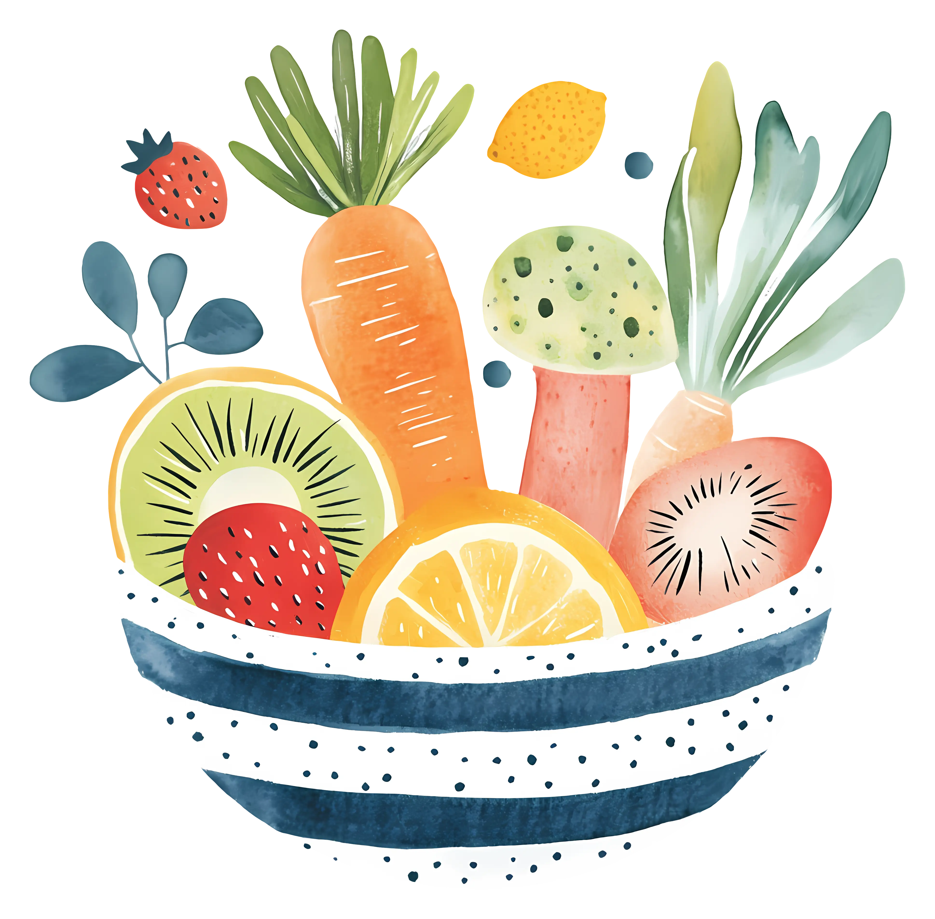 Colorful Bowl of Fruits and Vegetables Illustration