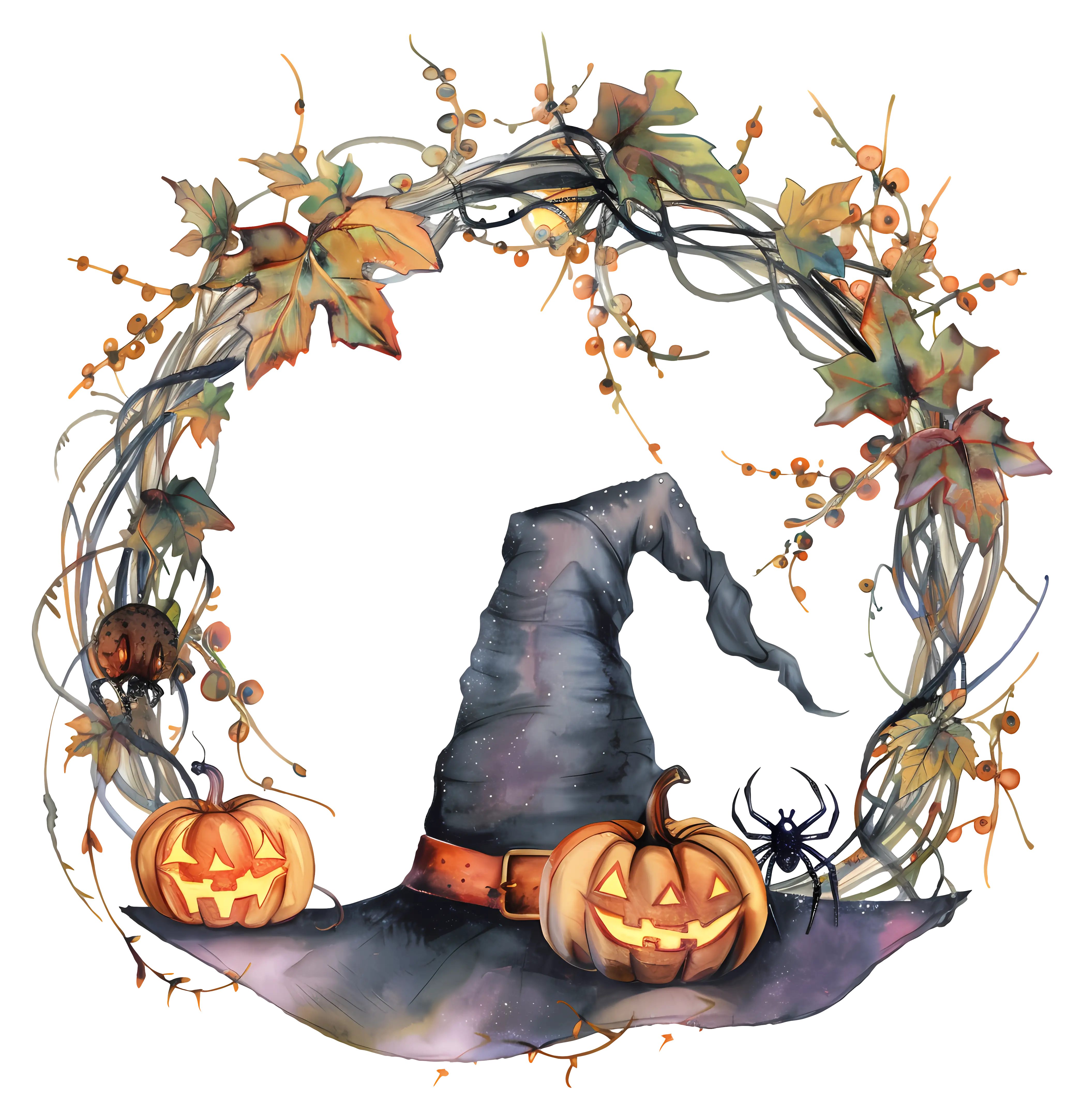 Halloween Wreath with Pumpkins and Witch Hat