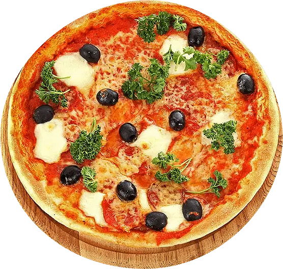 Cheese Pizza with Olives and Herbs on Wooden Plate