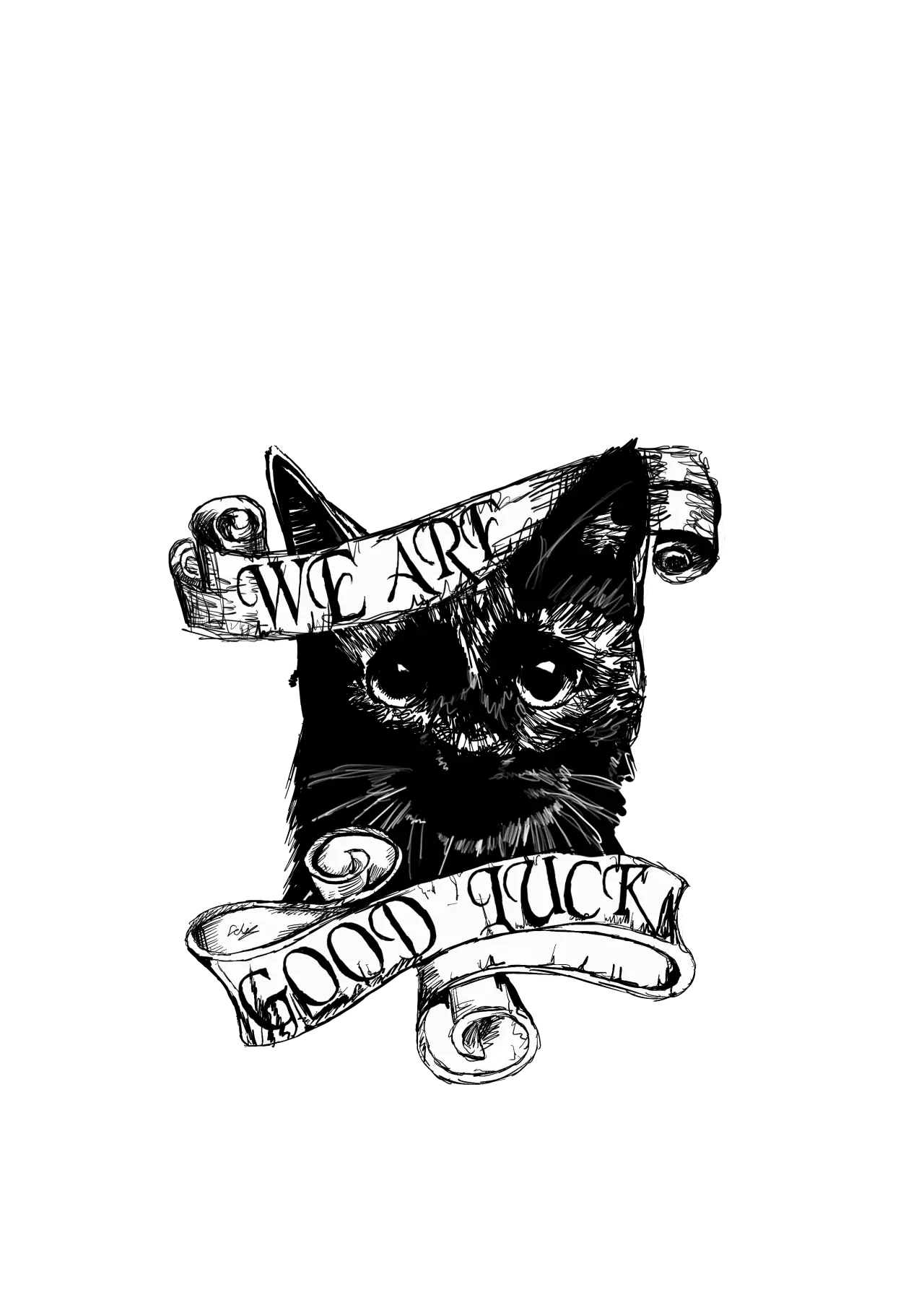 Black Cat Illustration with Good Luck Banner