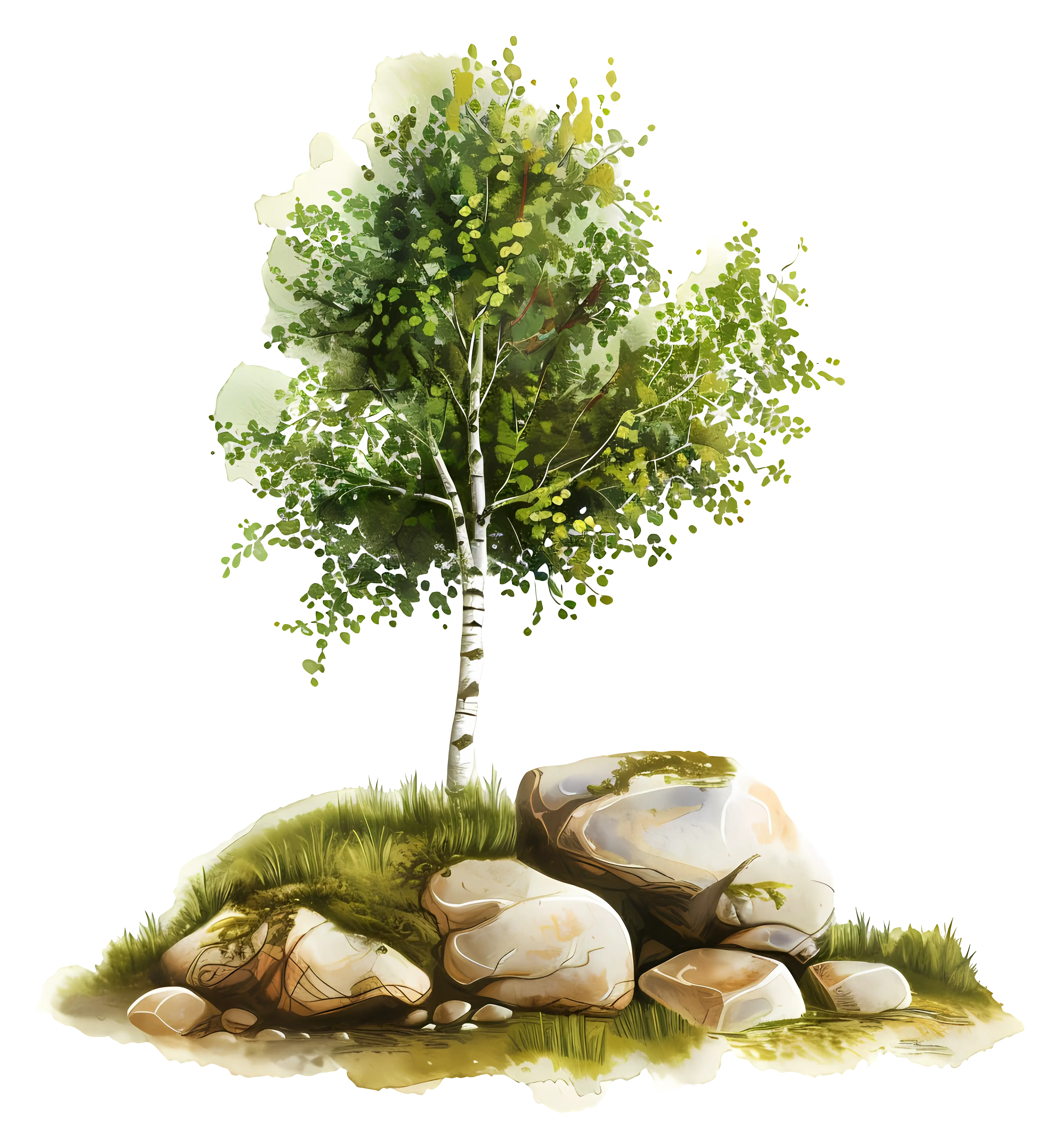 Tree with Grass and Stones in Nature Scene