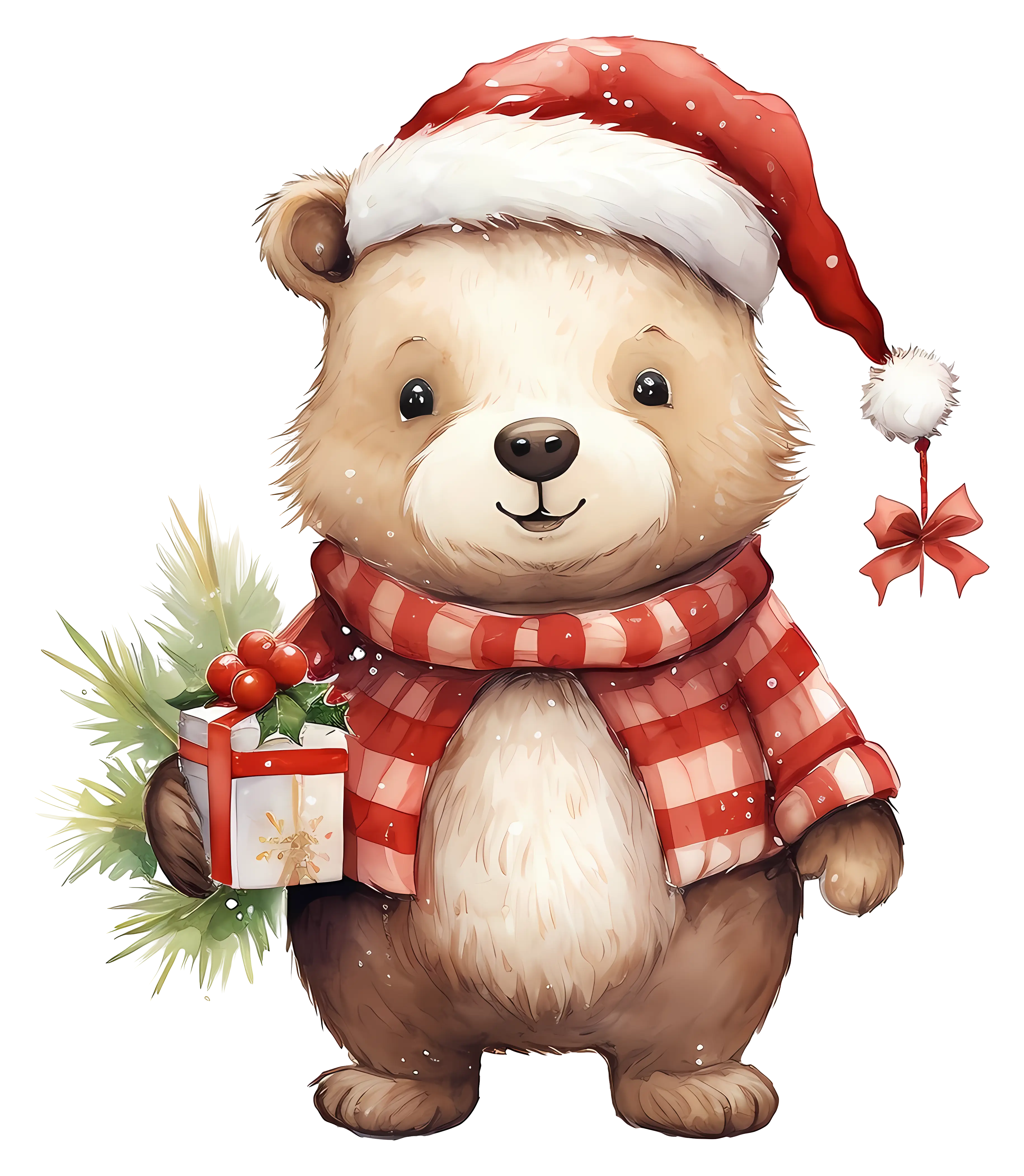 Christmas Bear in Red Scarf and Santa Hat