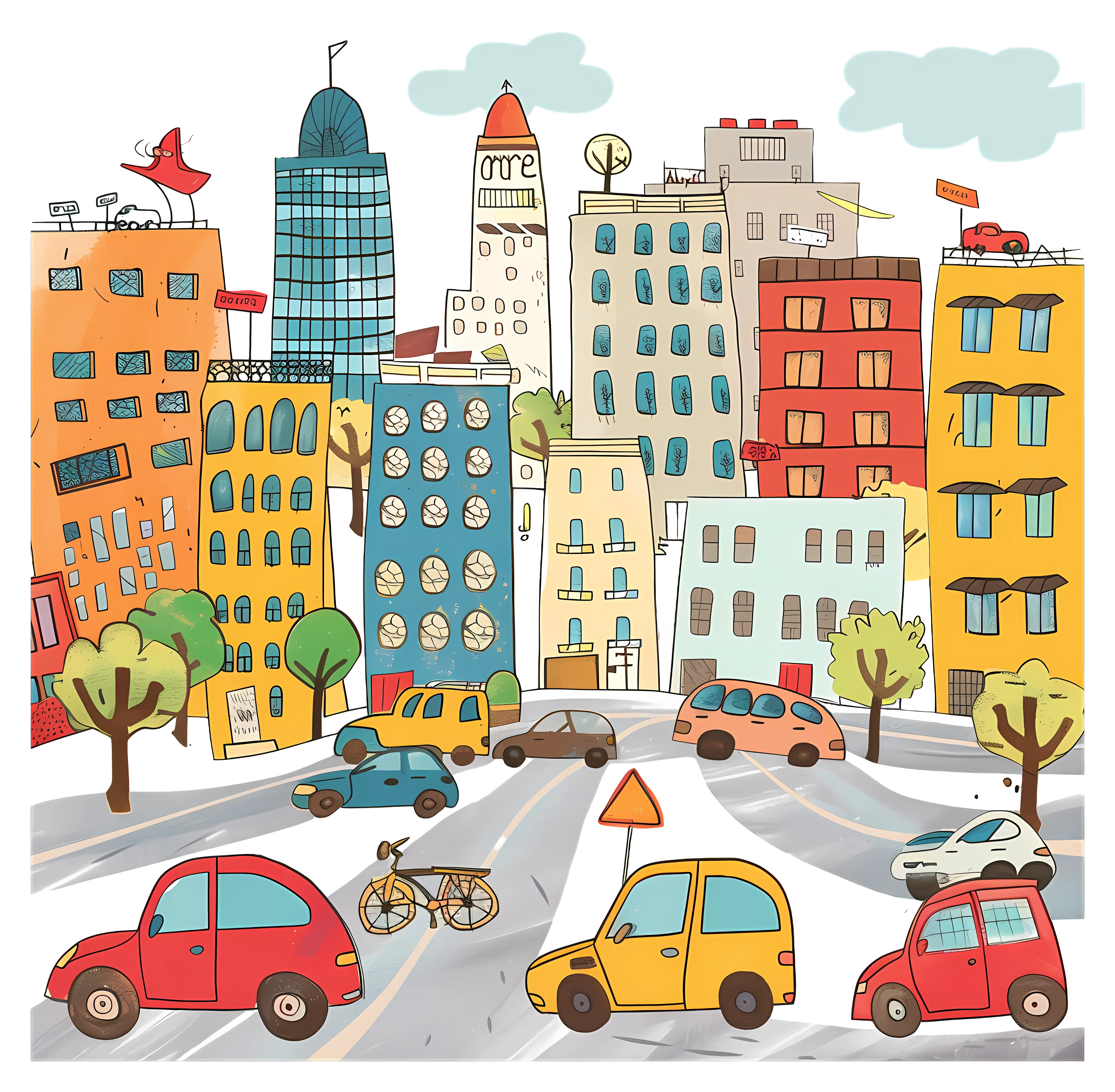 Cartoon Cityscape with Cars and Buildings