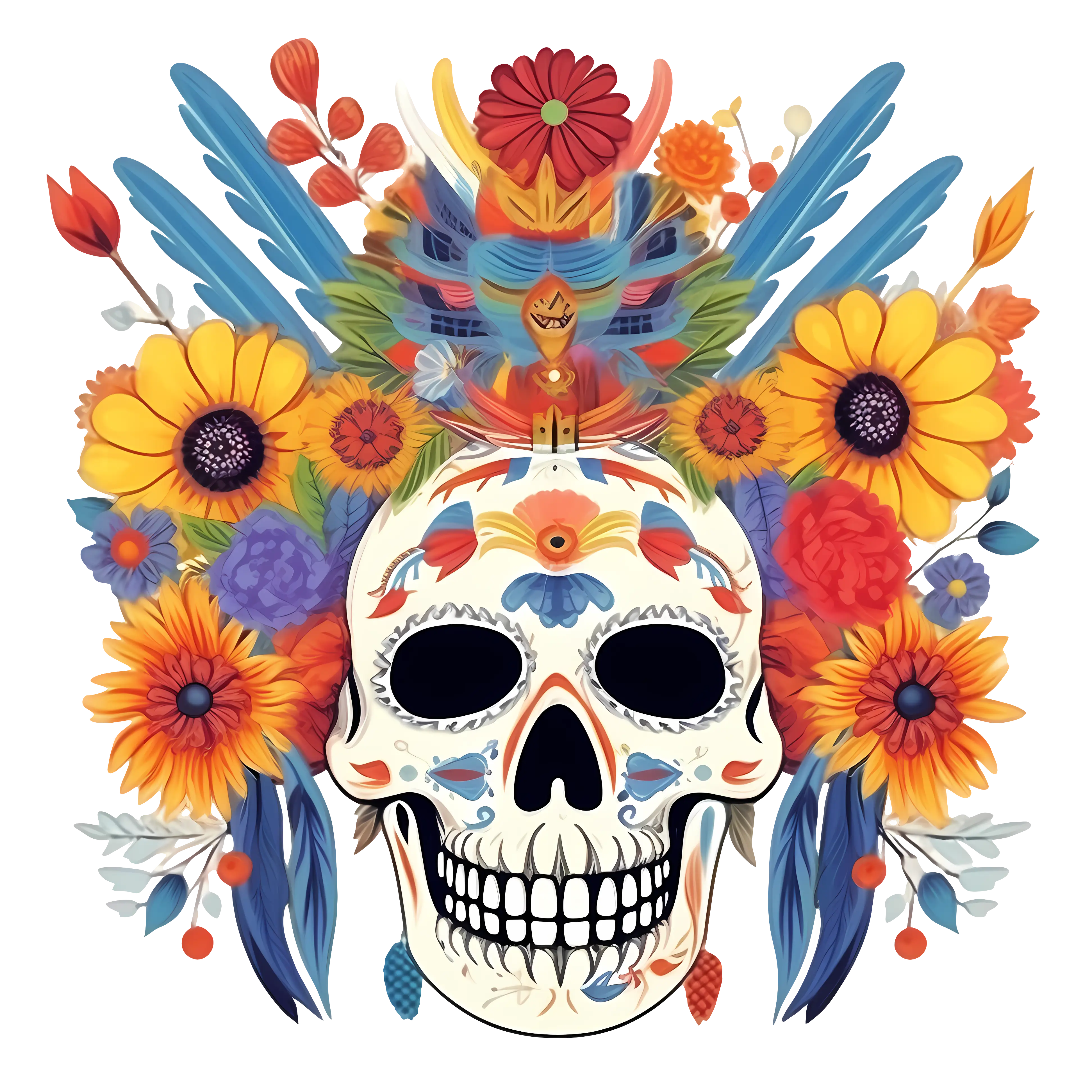 Floral Sugar Skull Decoration with Feathers