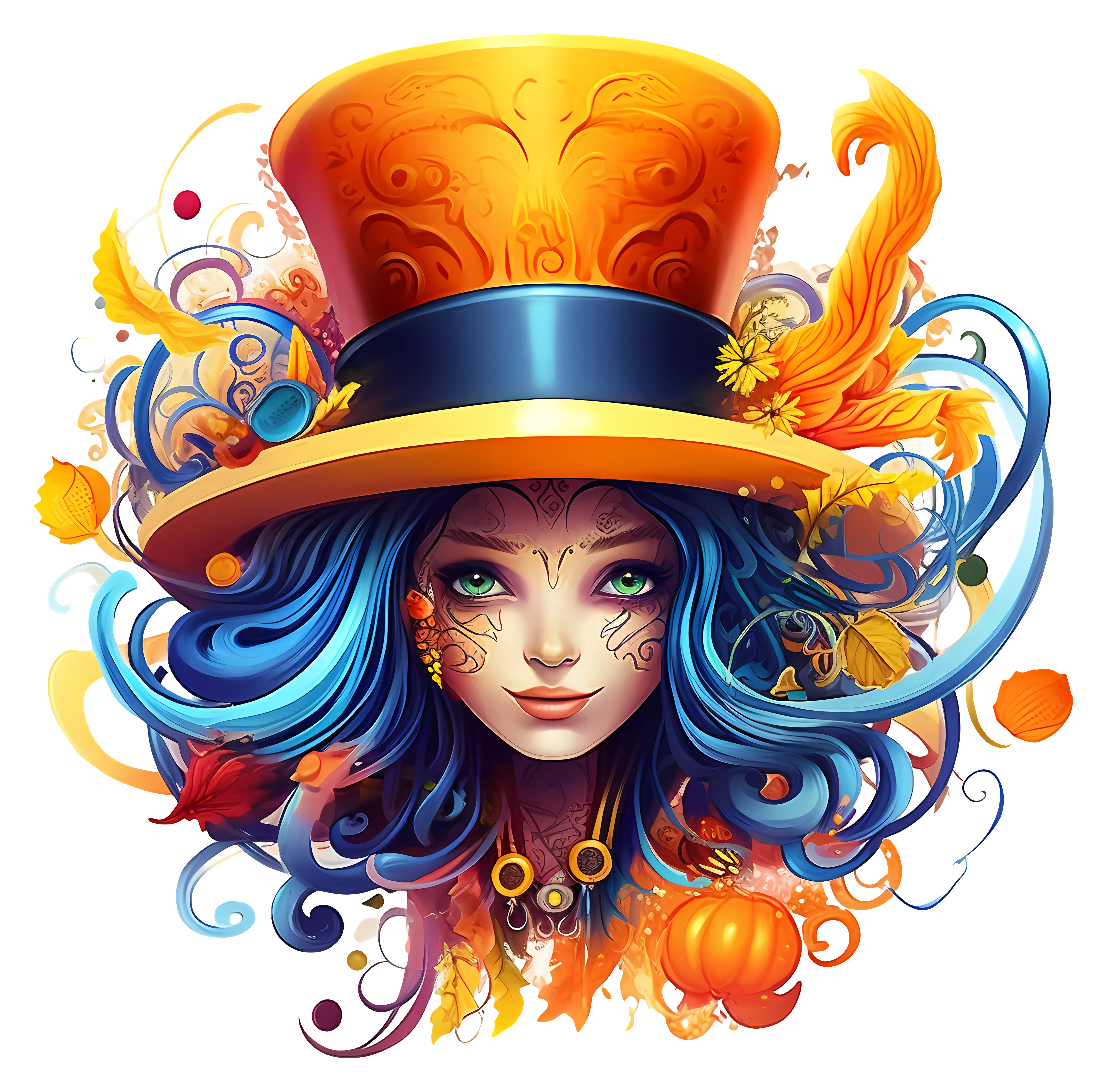 Colorful Hat with Feathers and Blue Hair