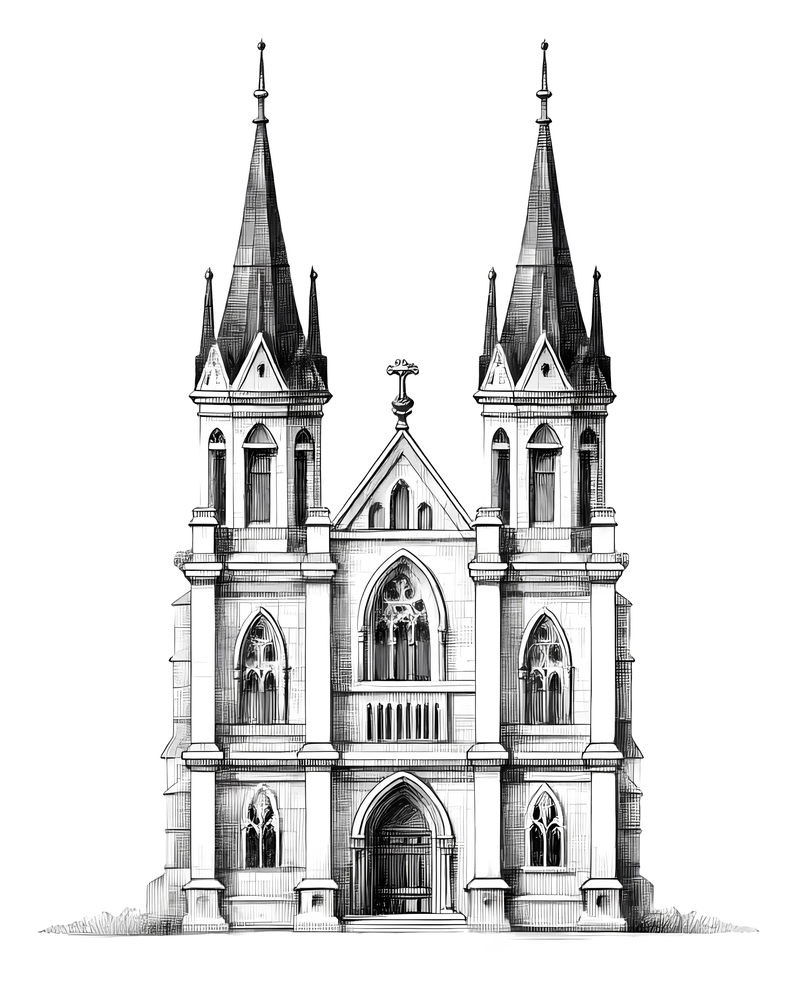 Detailed Gothic Cathedral Drawing