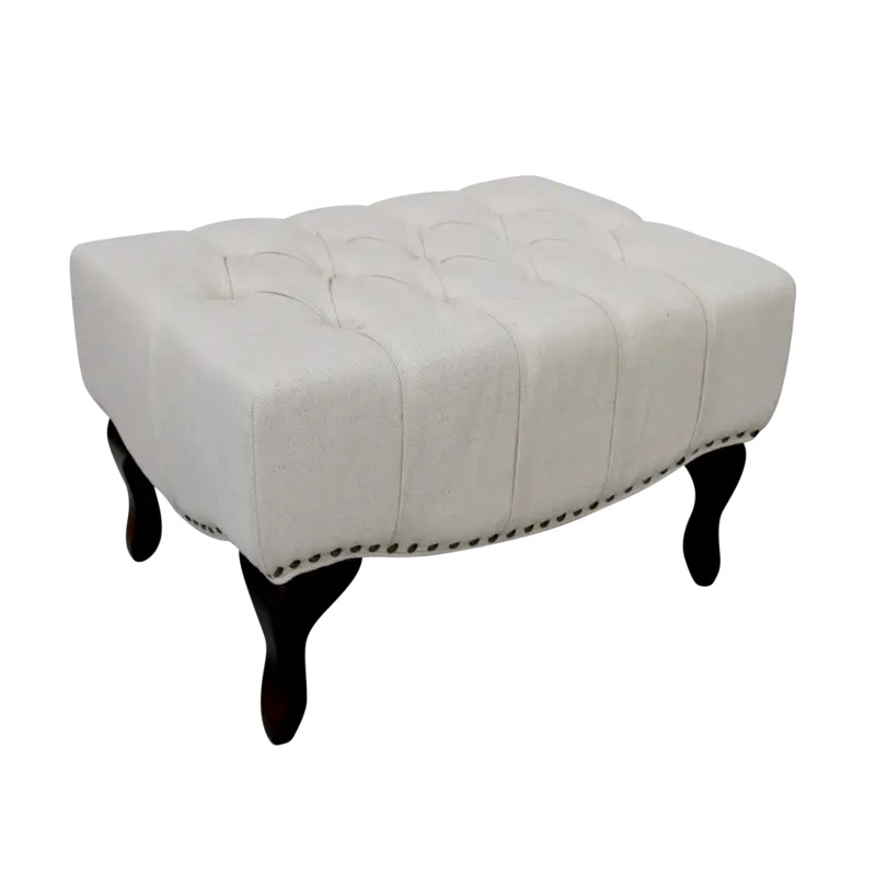 White Tufted Ottoman with Wooden Legs