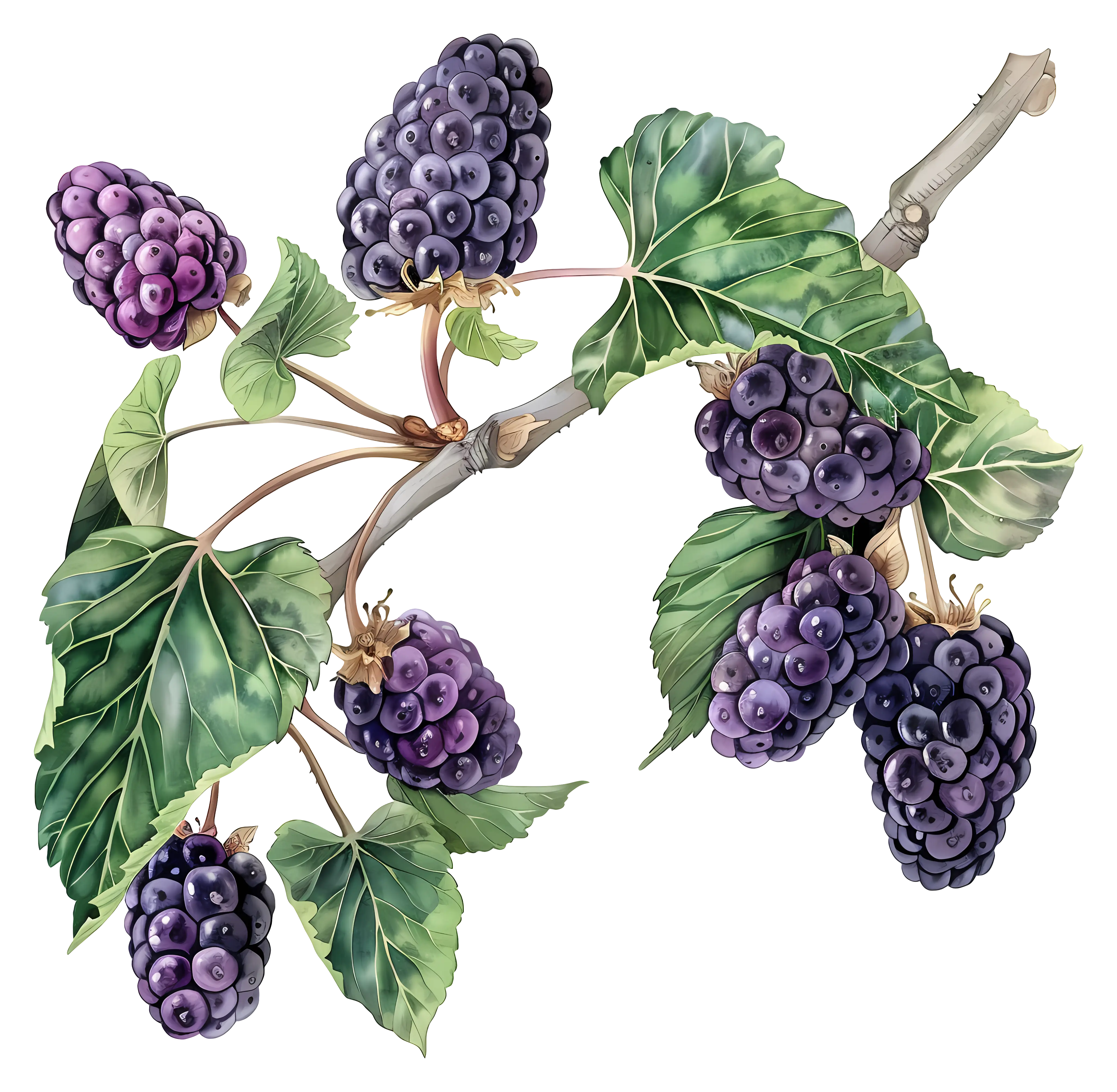 Mulberry Branch with Ripe Berries and Green Leaves