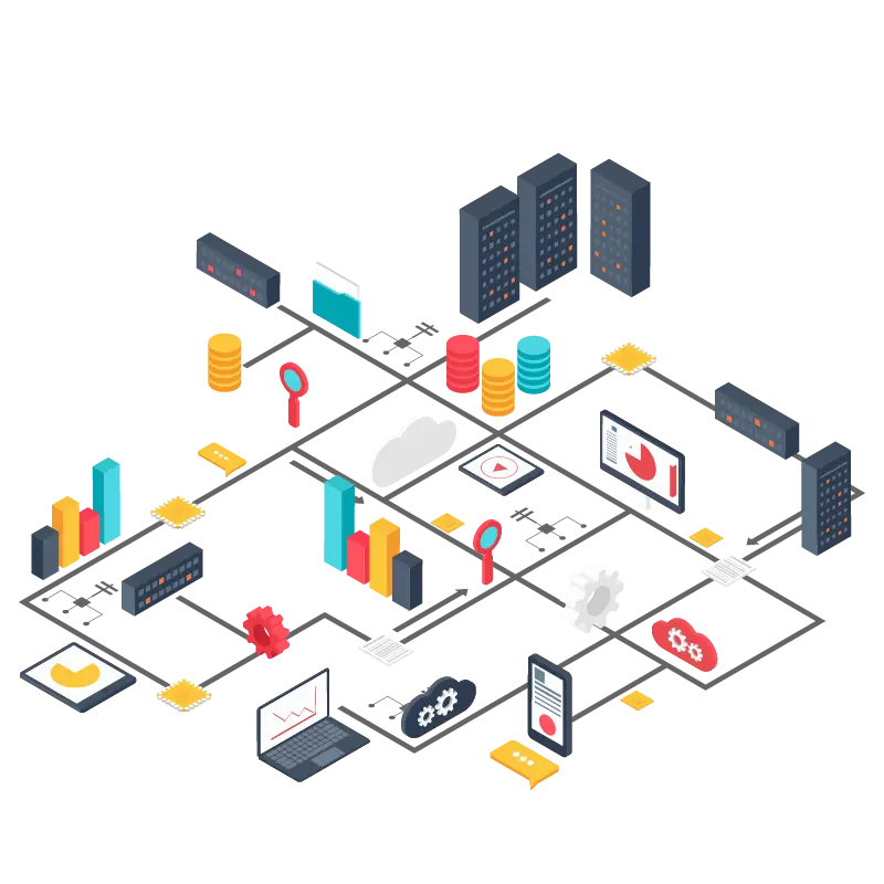 Isometric Data Network Illustration with Technology Elements