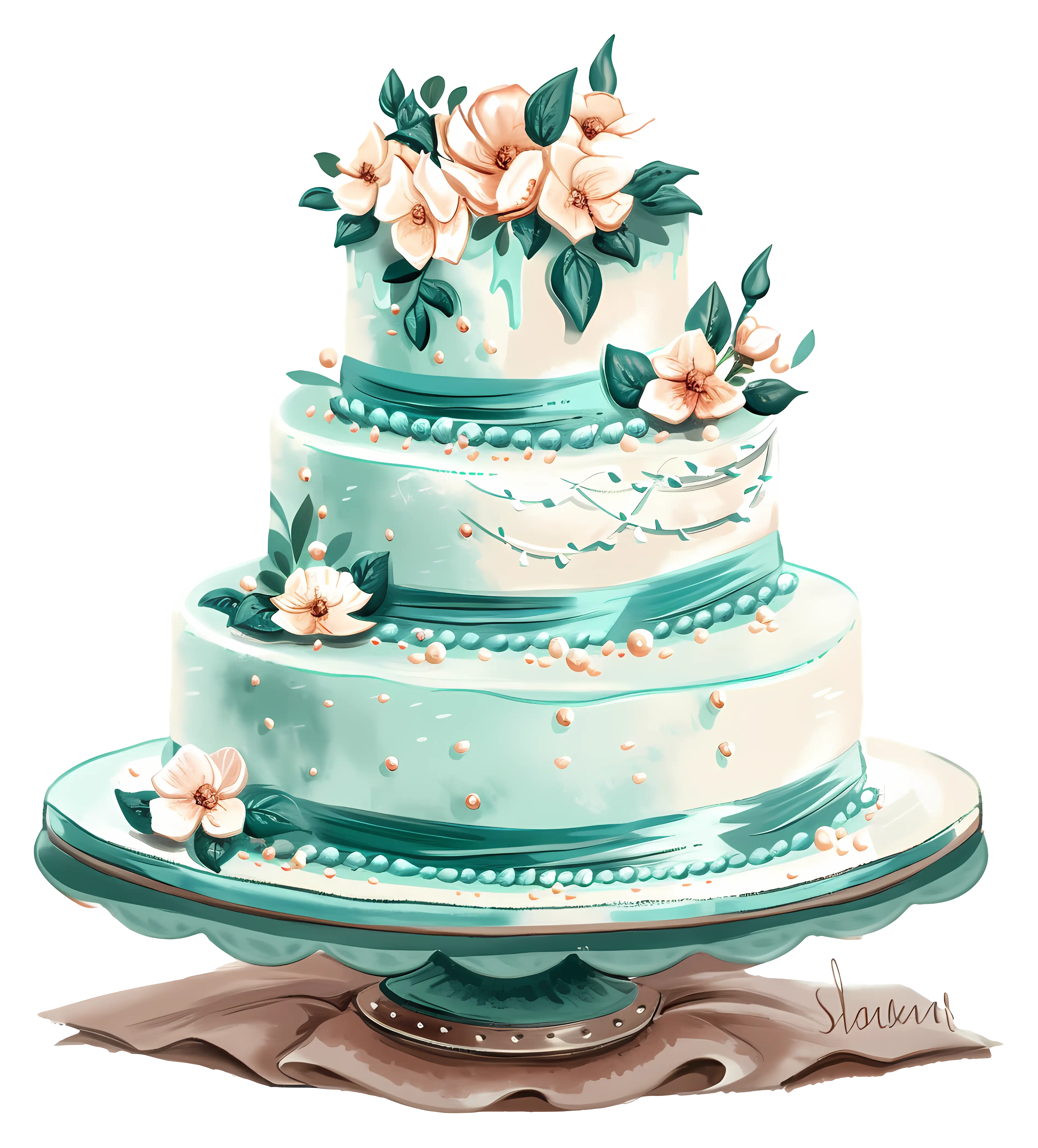 Decorative White and Blue Wedding Cake