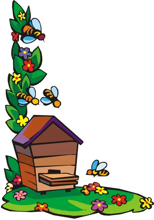 Beehive with Bees and Flowers