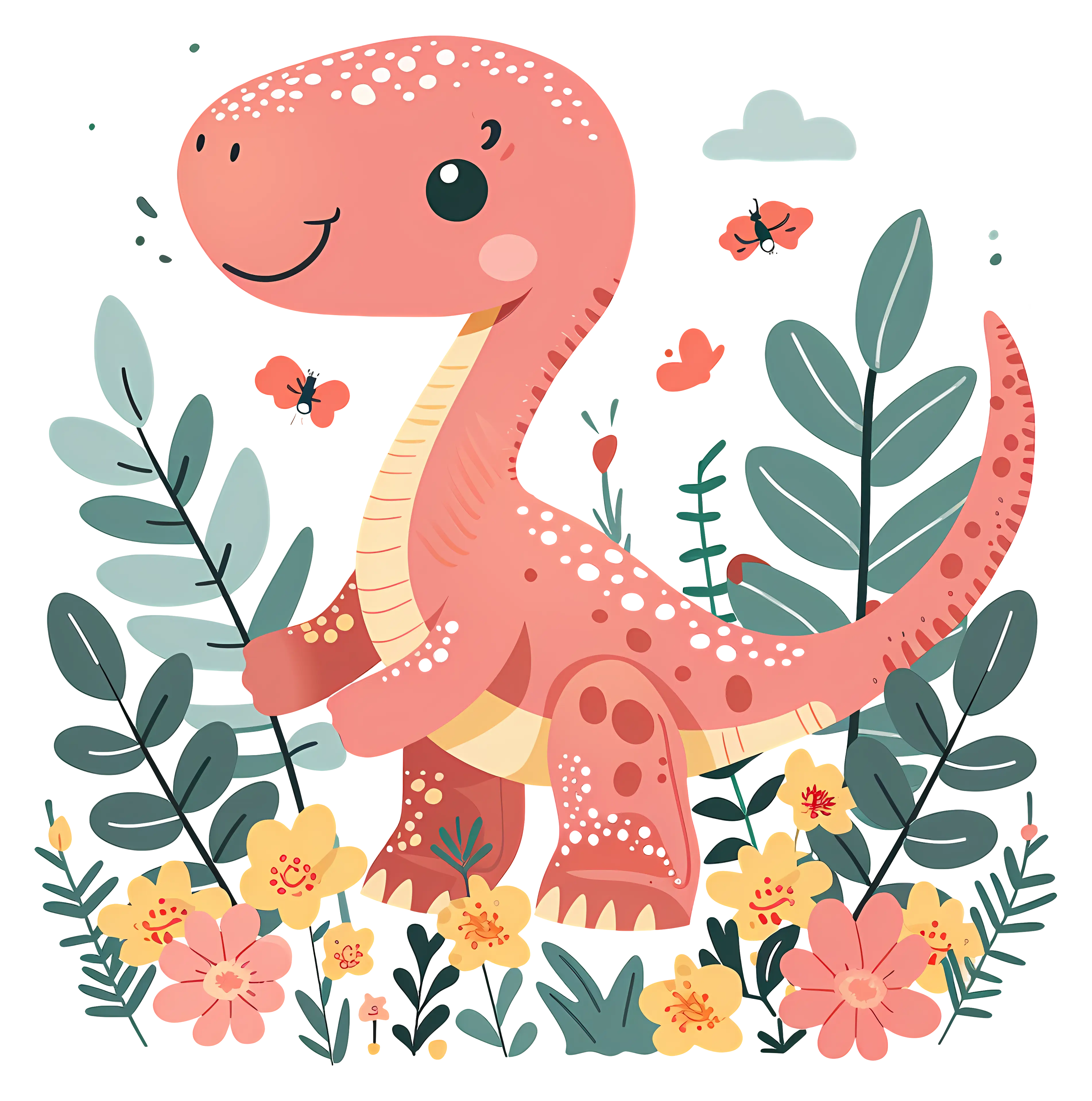 Cute Pink Dinosaur in a Flower Garden Illustration