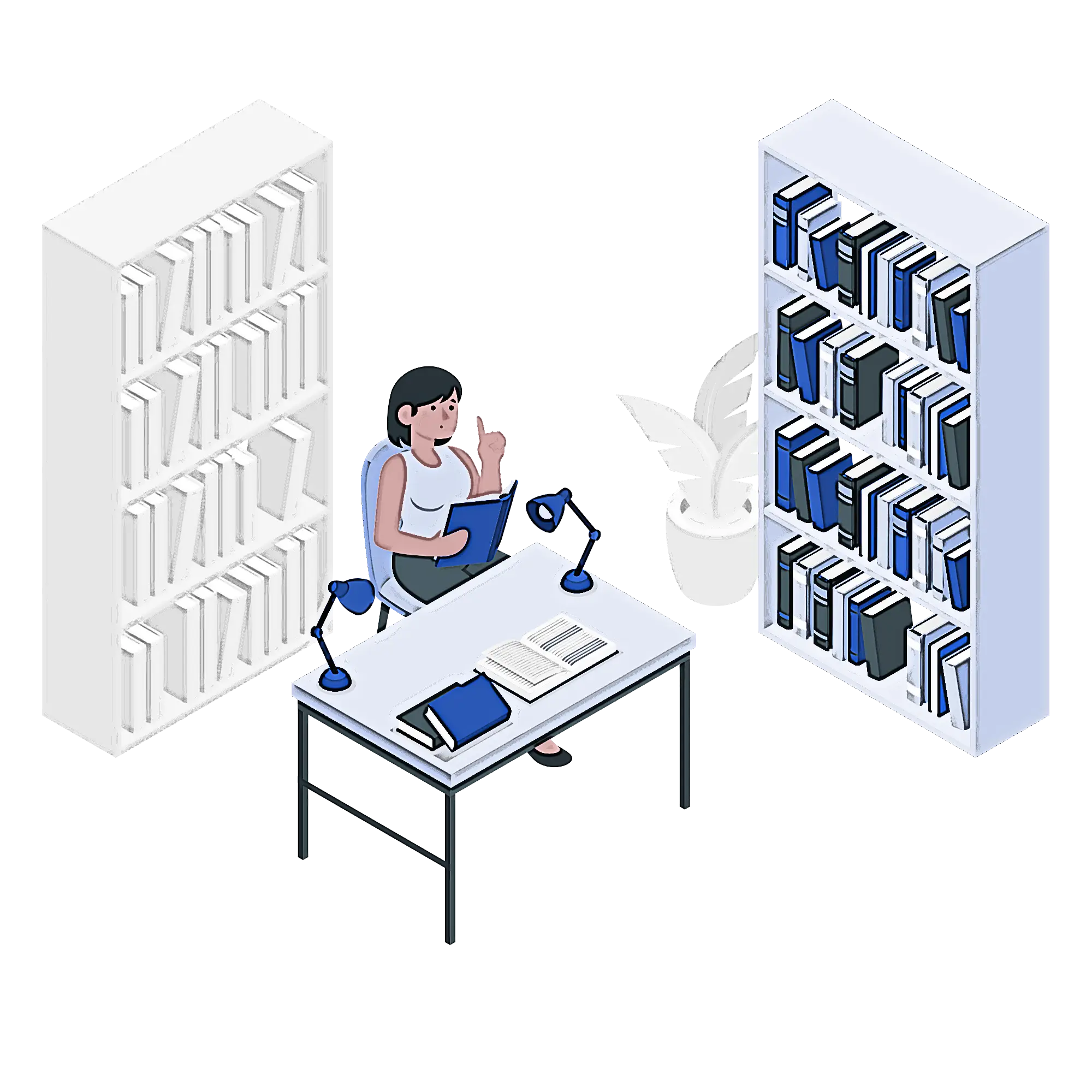 Woman in Library with Bookshelves and Desk