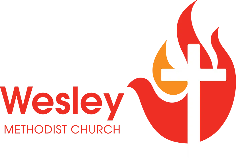 Wesley Methodist Church Logo with Cross and Flame