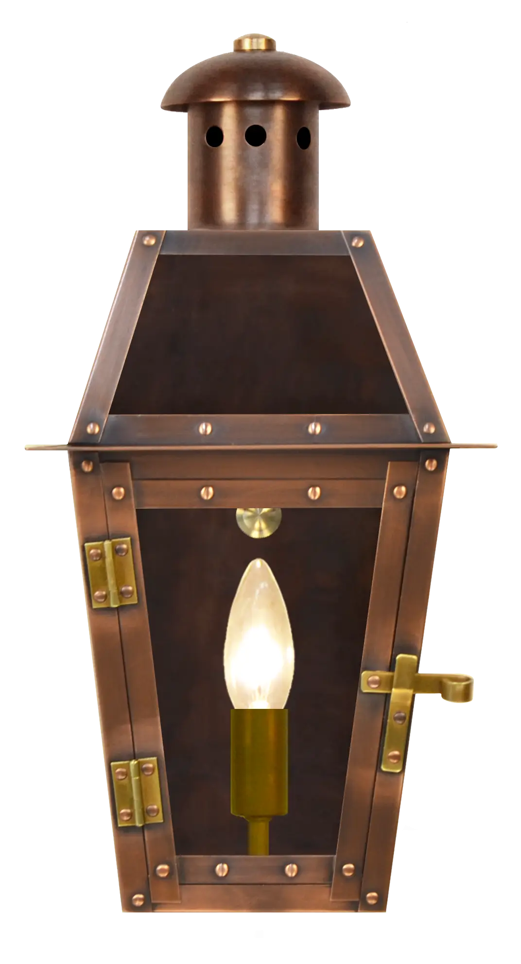 Antique Copper Lantern with Glowing Bulb