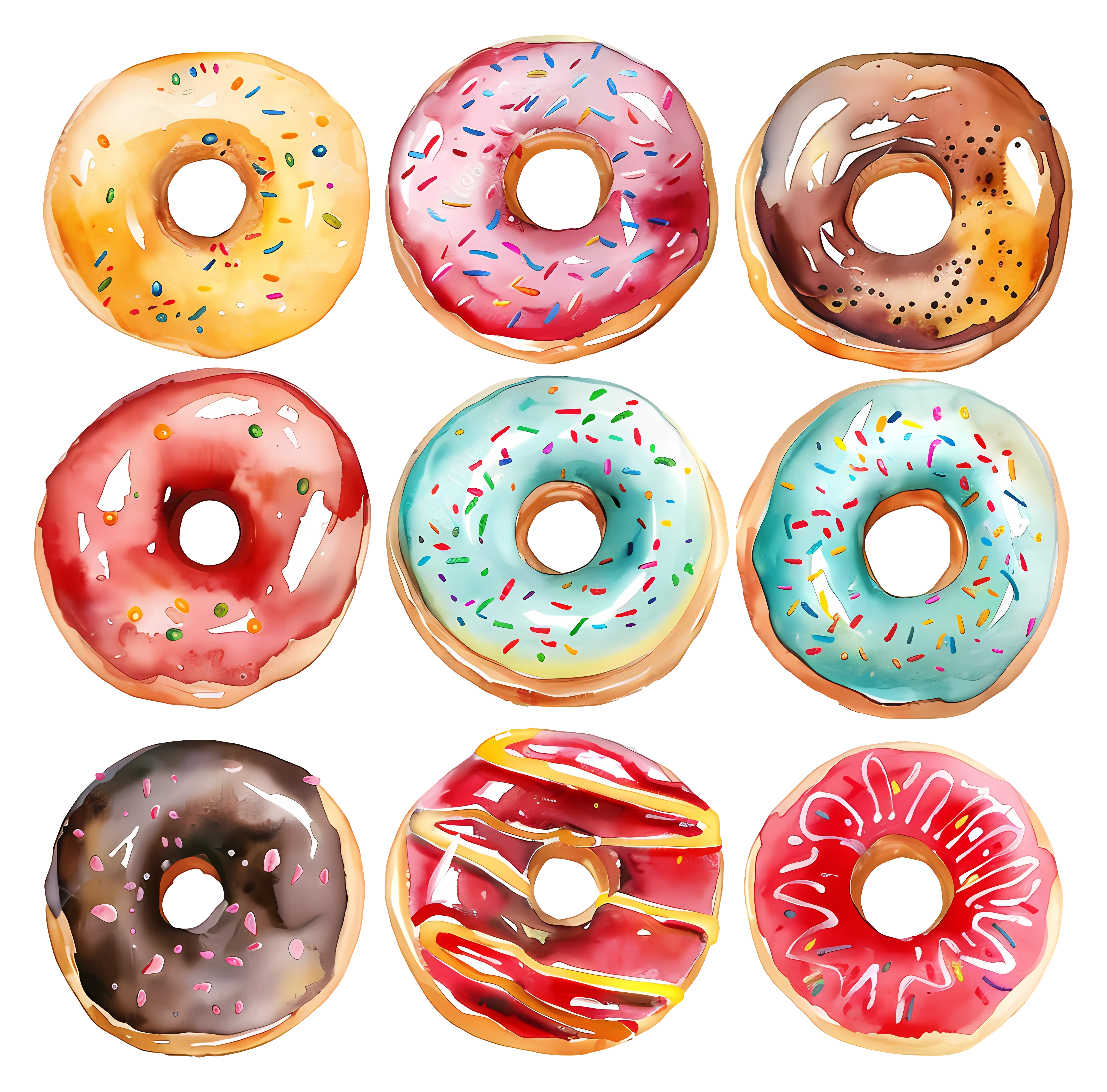 Watercolor Colorful Donuts with Icing and Sprinkles