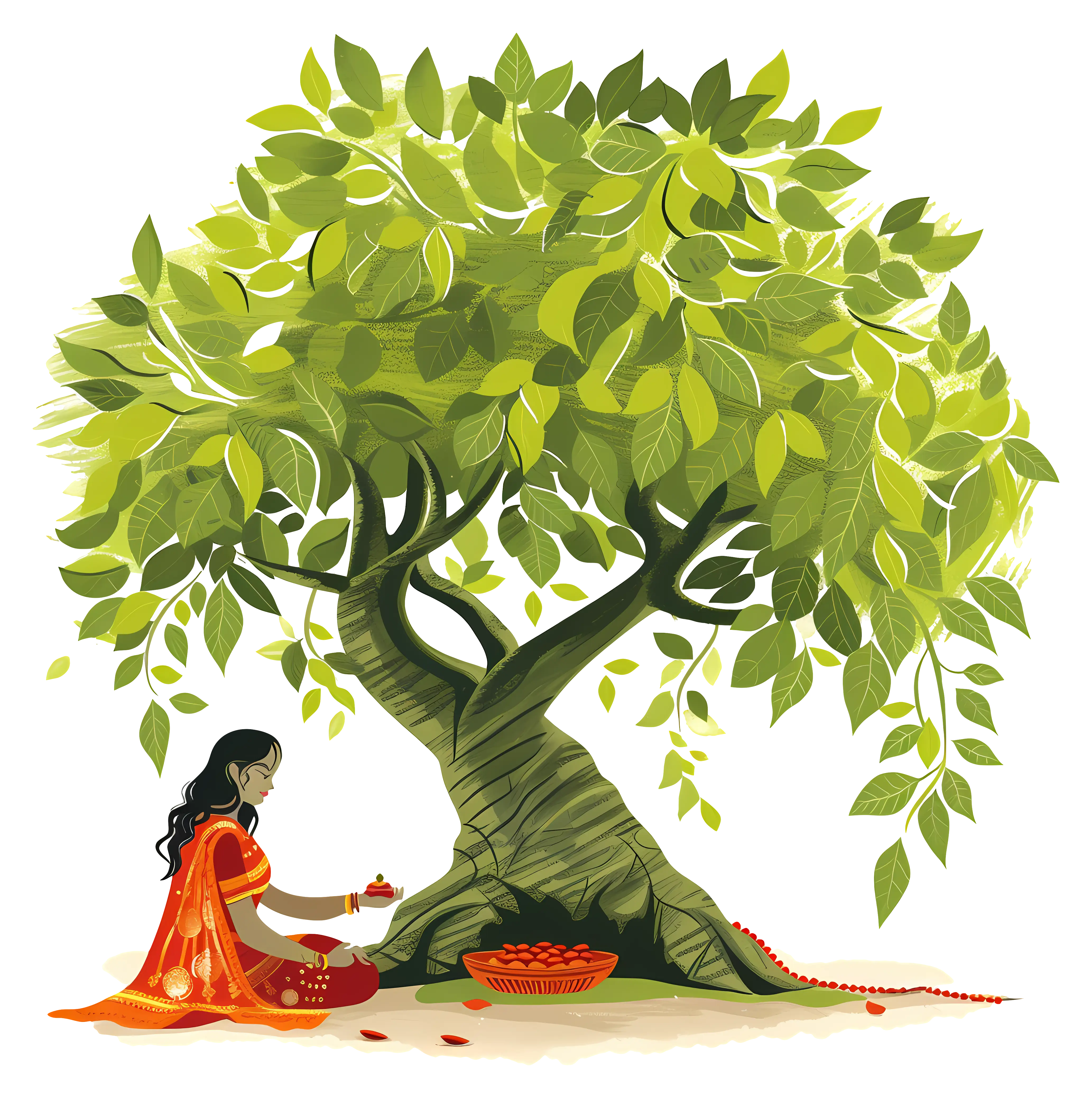 Traditional Woman Praying Under Tree