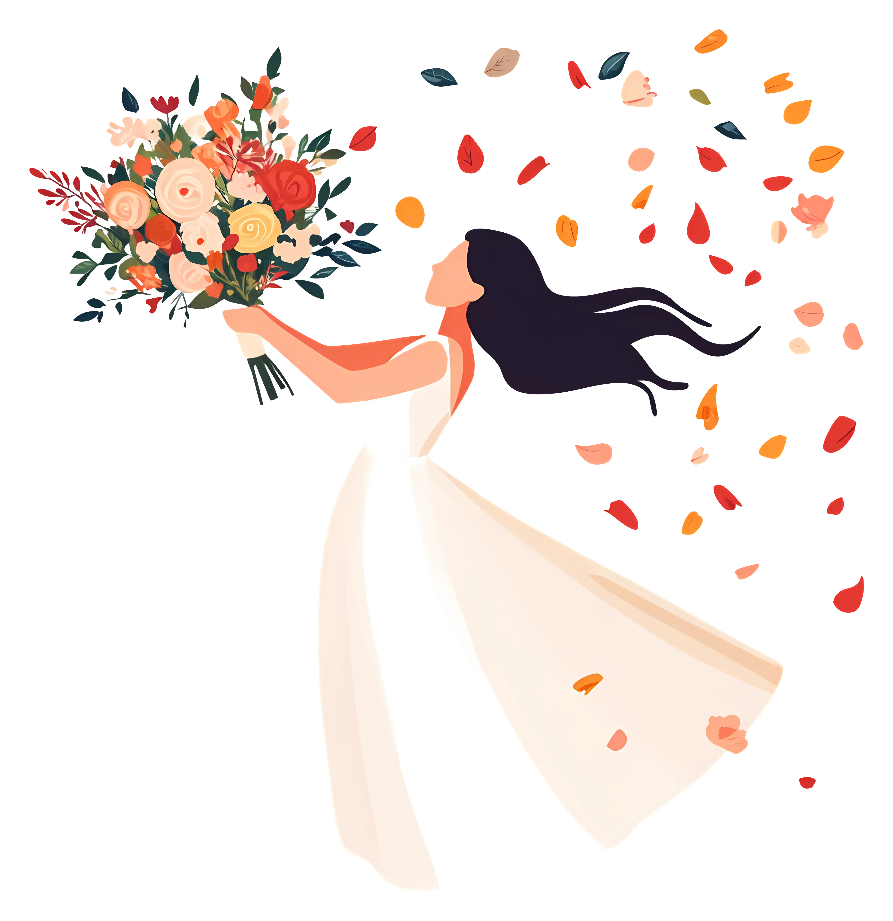 Bride Holding a Bouquet with Flowing Hair