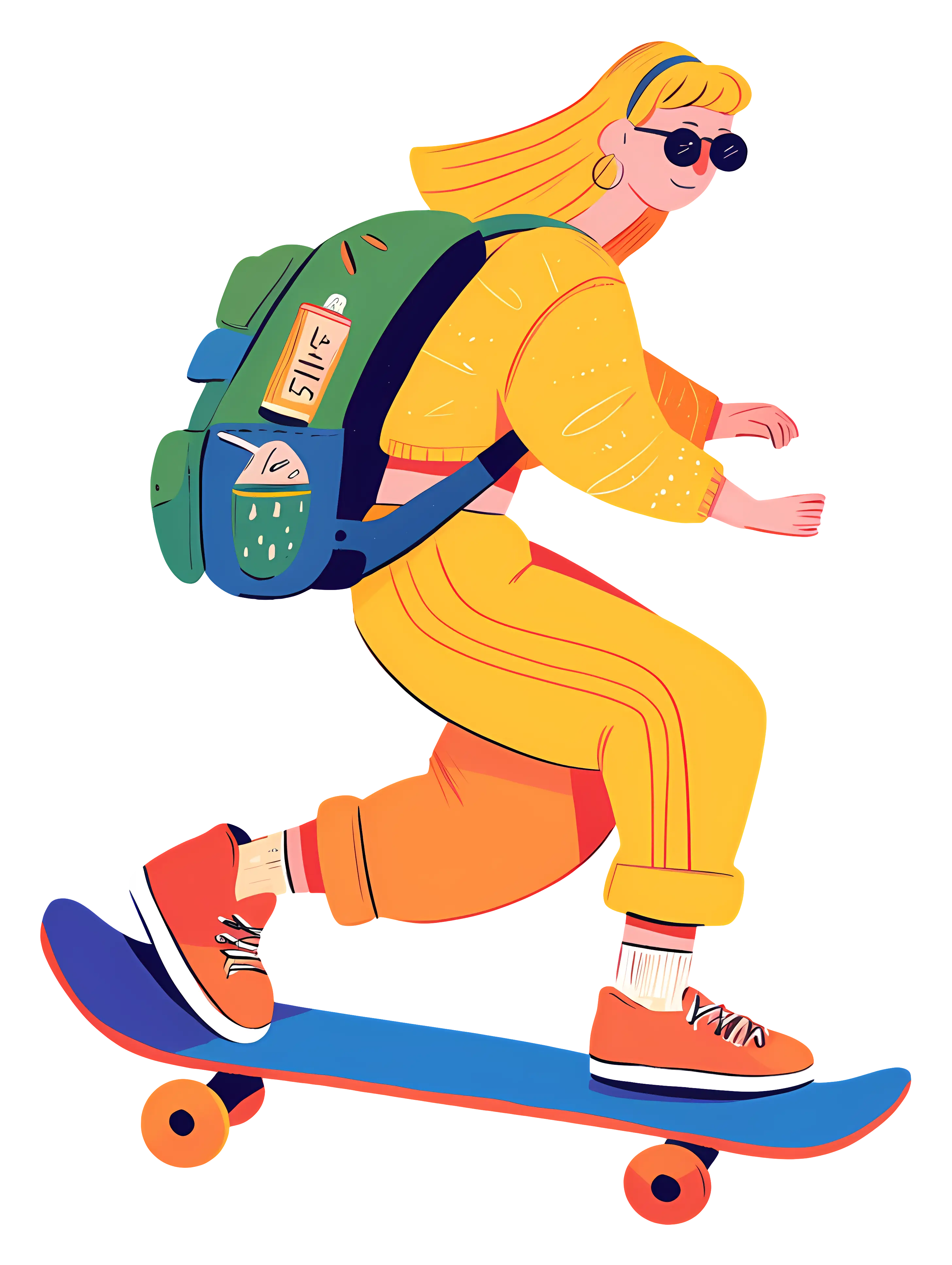 Skateboarder in Yellow Outfit with Backpack