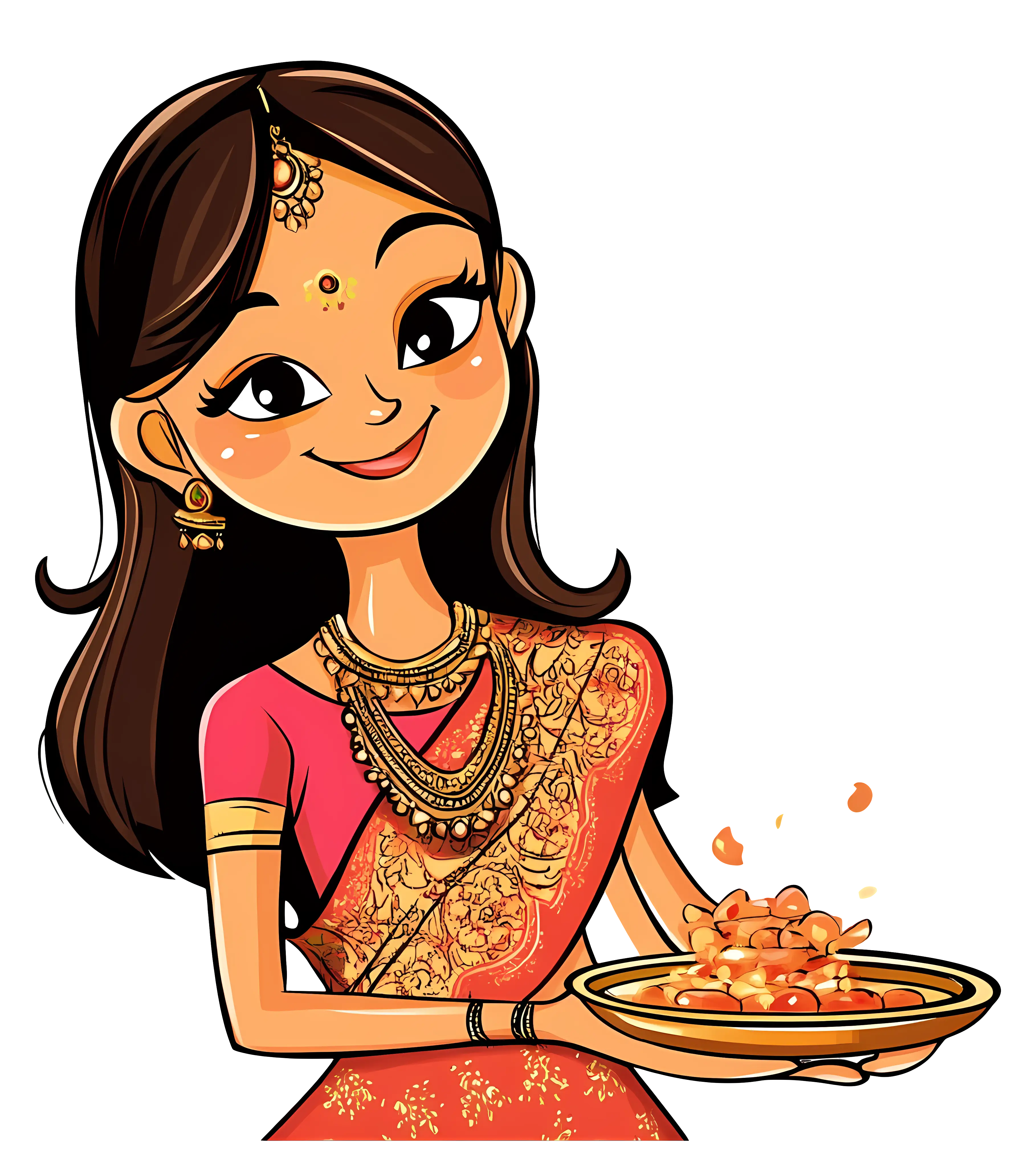 Cartoon Woman in Traditional Dress with Plate