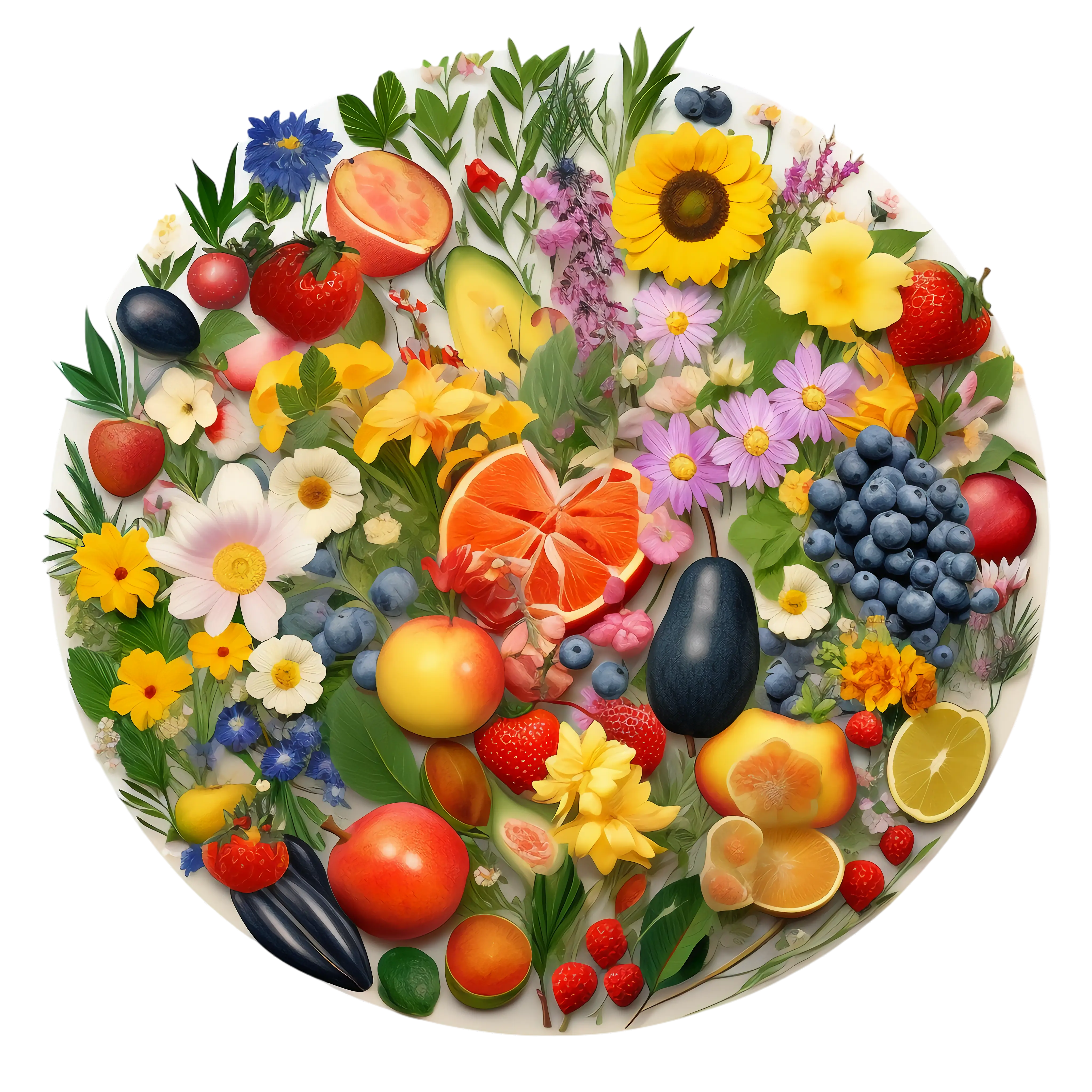 Circular Collage of Fruits and Flowers