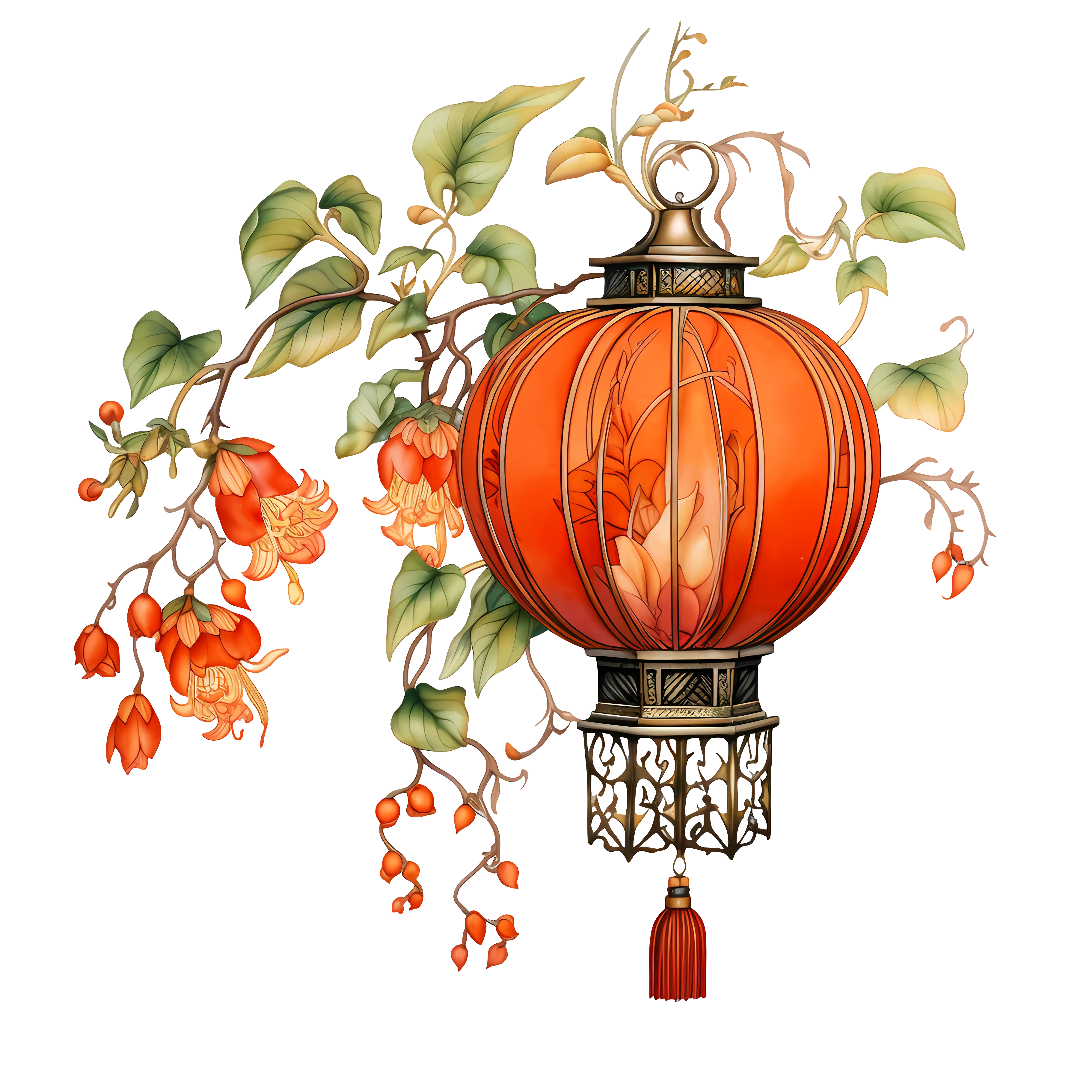 Elegant Red Chinese Lantern with Delicate Floral Branch