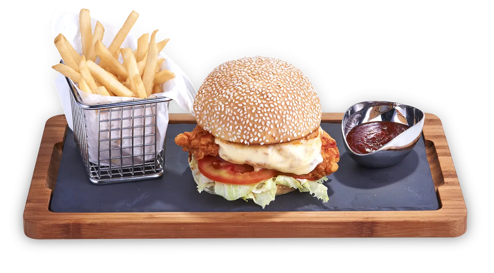 Burger, Fries, and Sauce Plated on Wooden Tray