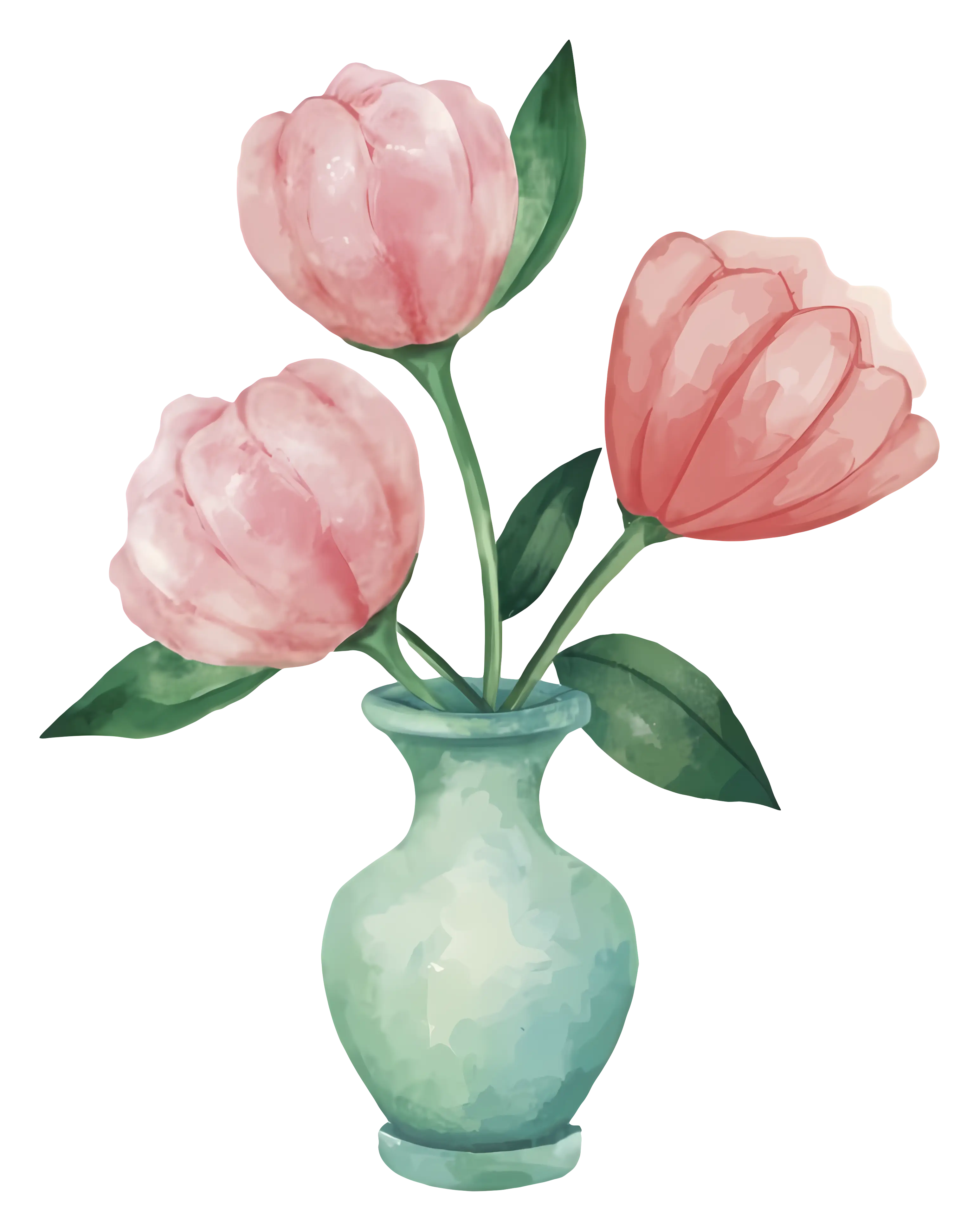Watercolor Tulips in a Green Vase