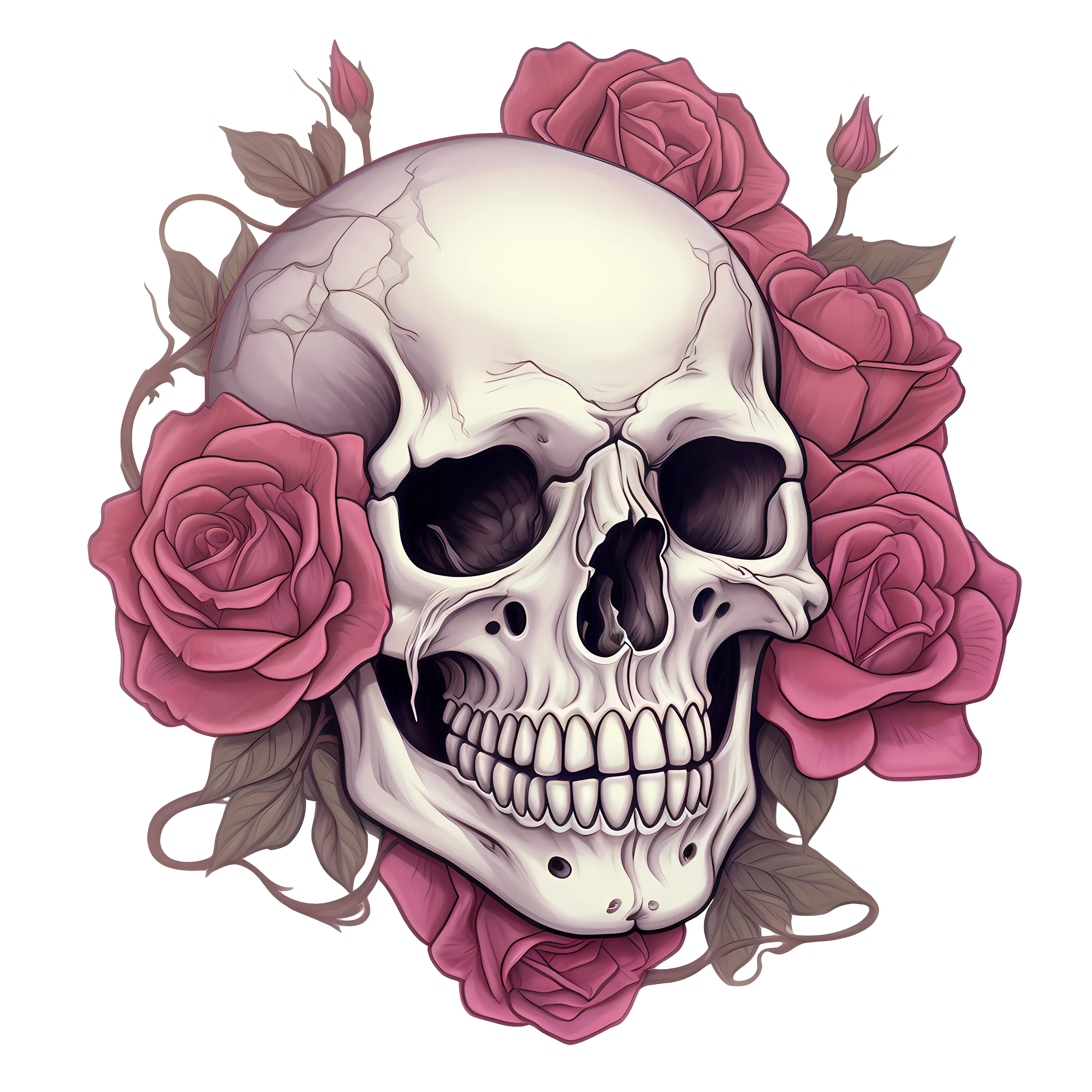 Gothic Skull Adorned with Pink Roses