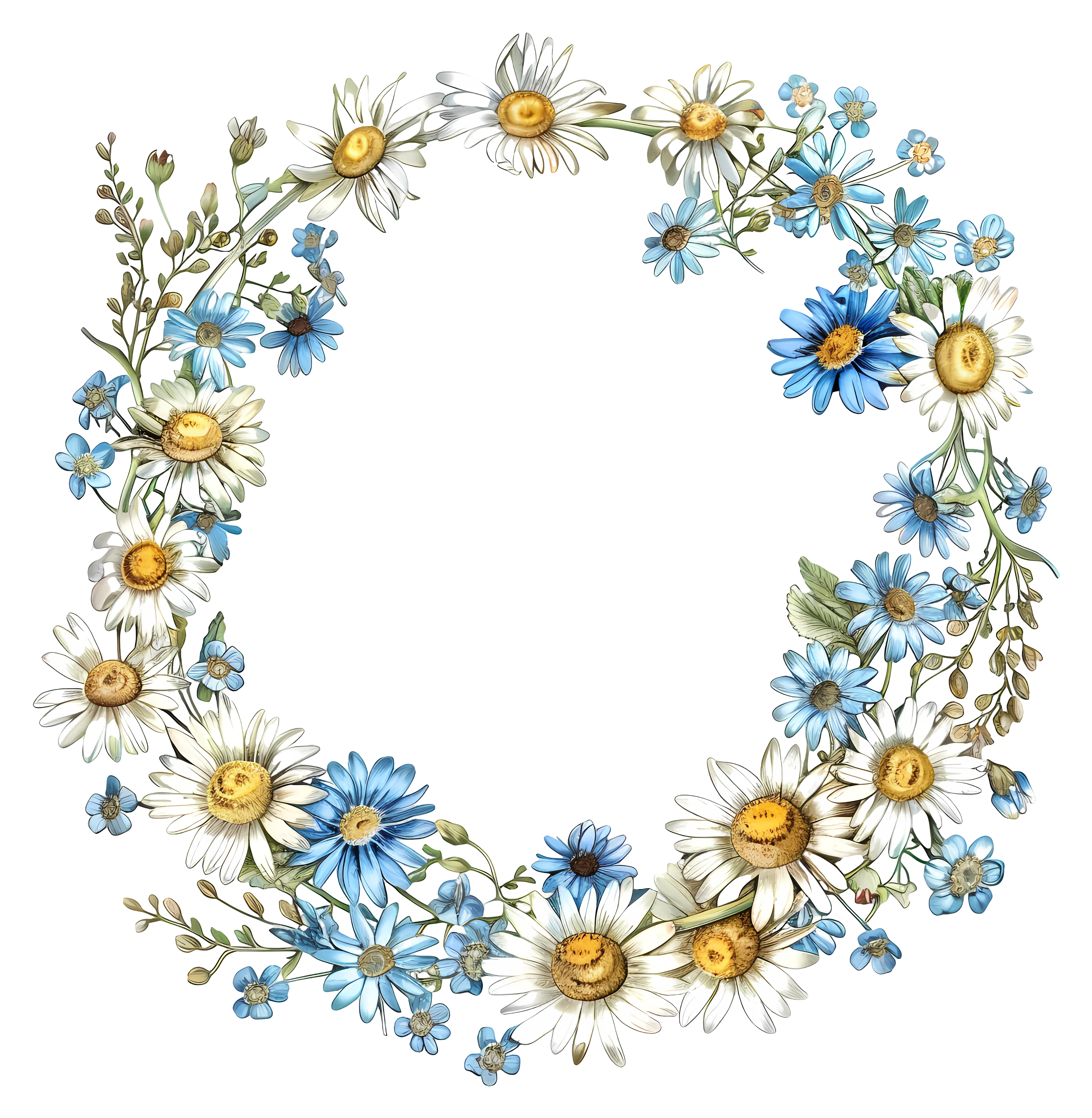 Daisy Flower Wreath with Blue Accents