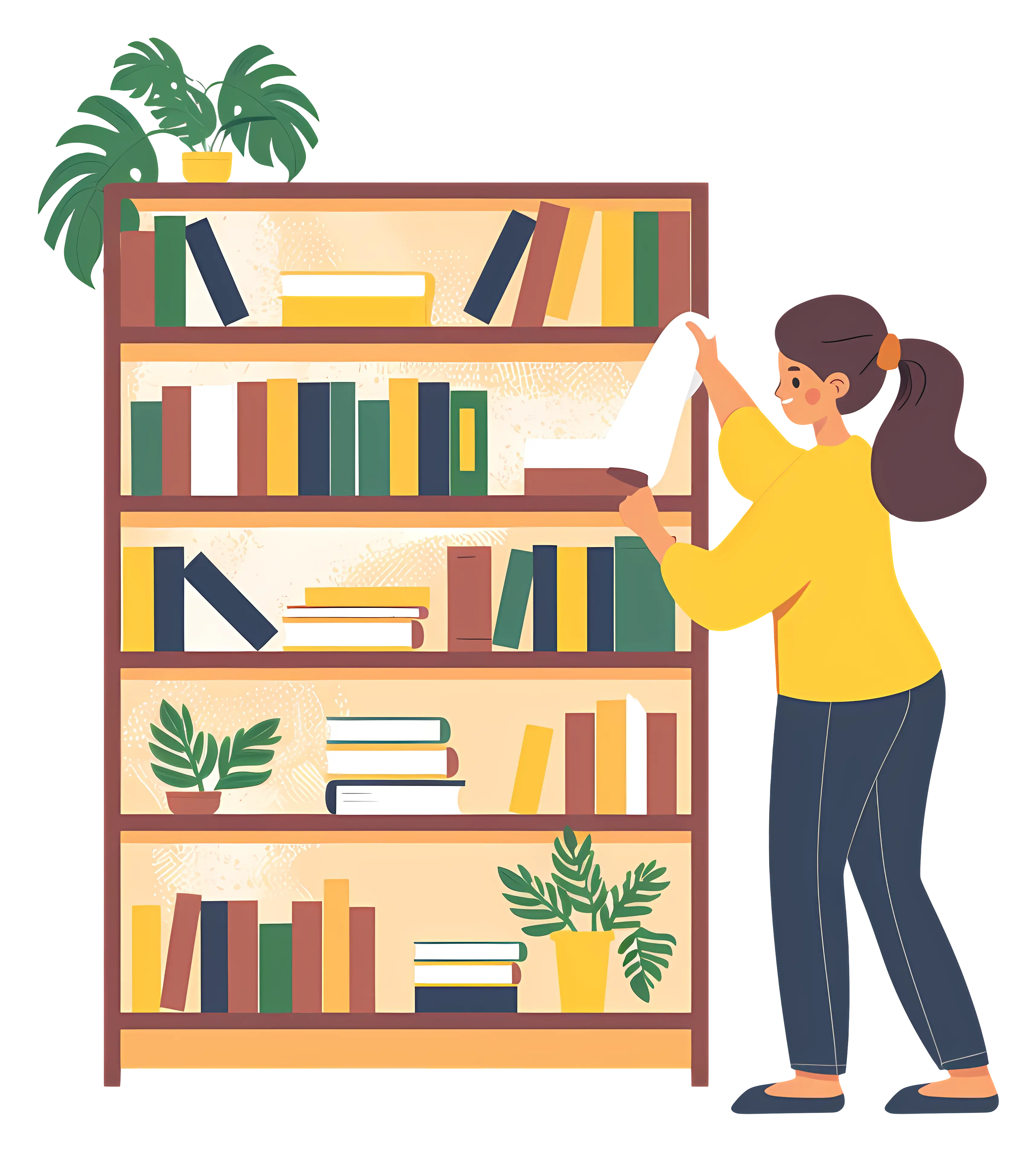 Woman Organizing Bookshelf