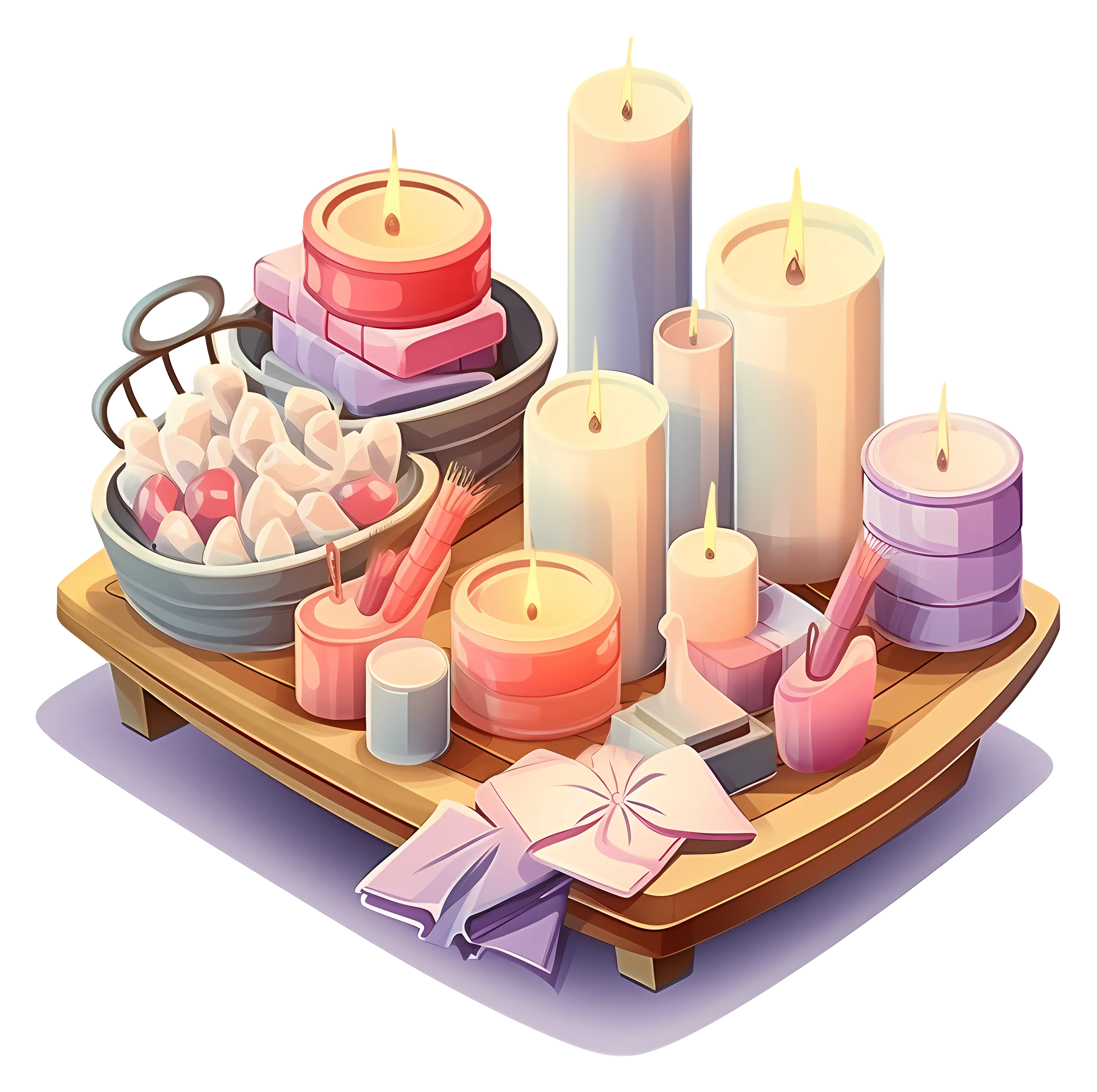Candles and Towels on a Wooden Tray
