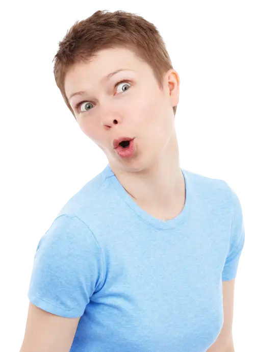 Surprised Woman in Blue Shirt